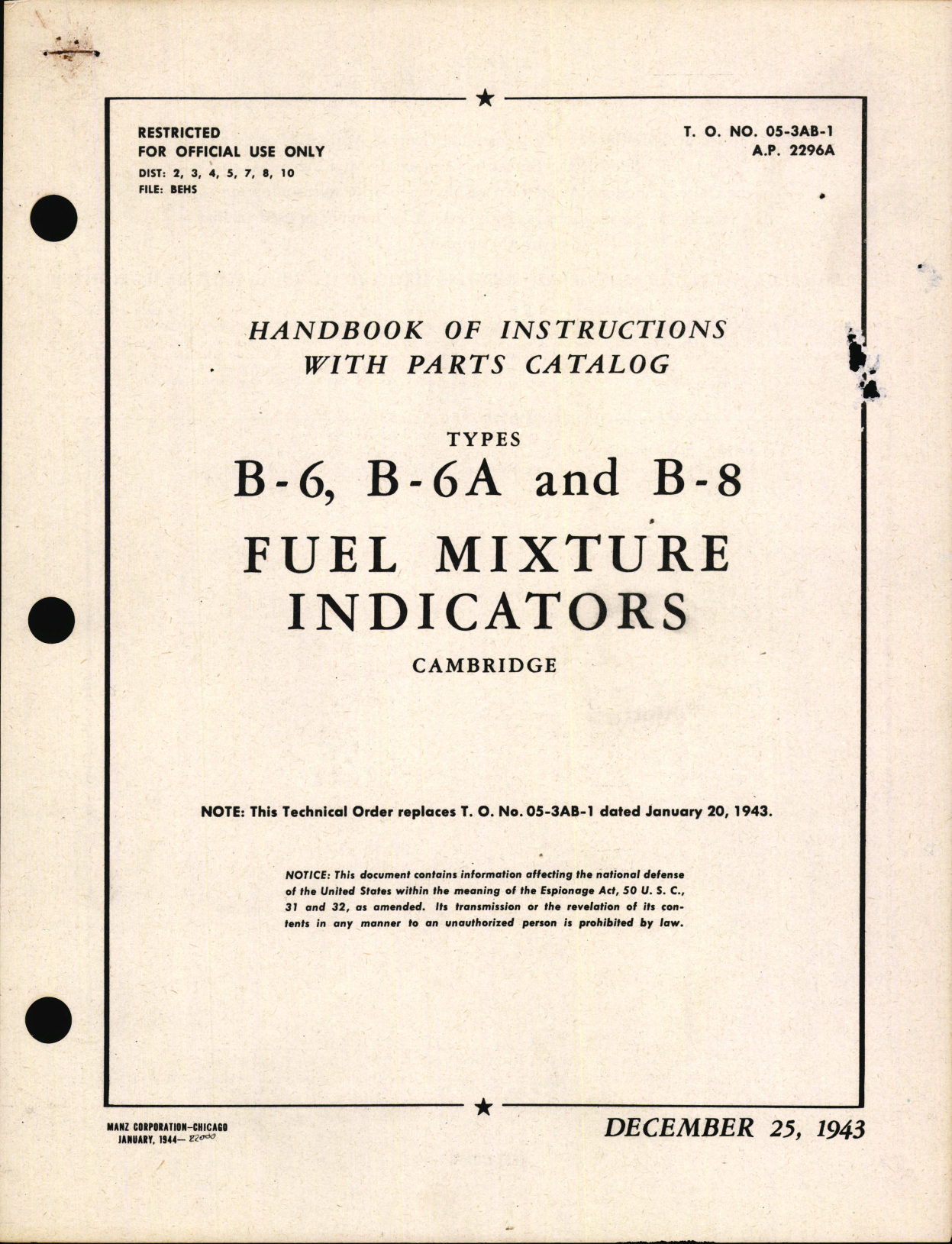 Sample page 1 from AirCorps Library document: Handbook of Instructions with Parts Catalog for Fuel Mixture Indicators
