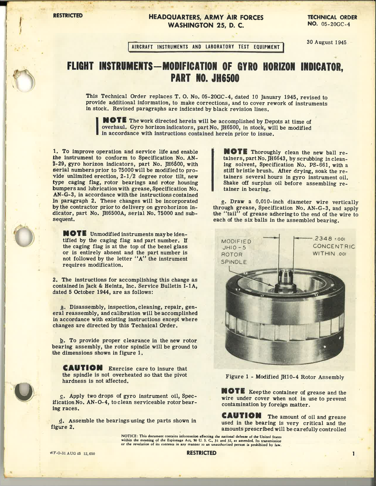 Sample page 1 from AirCorps Library document: Modification of Gyro Horizon Indicator Part No. JH6500