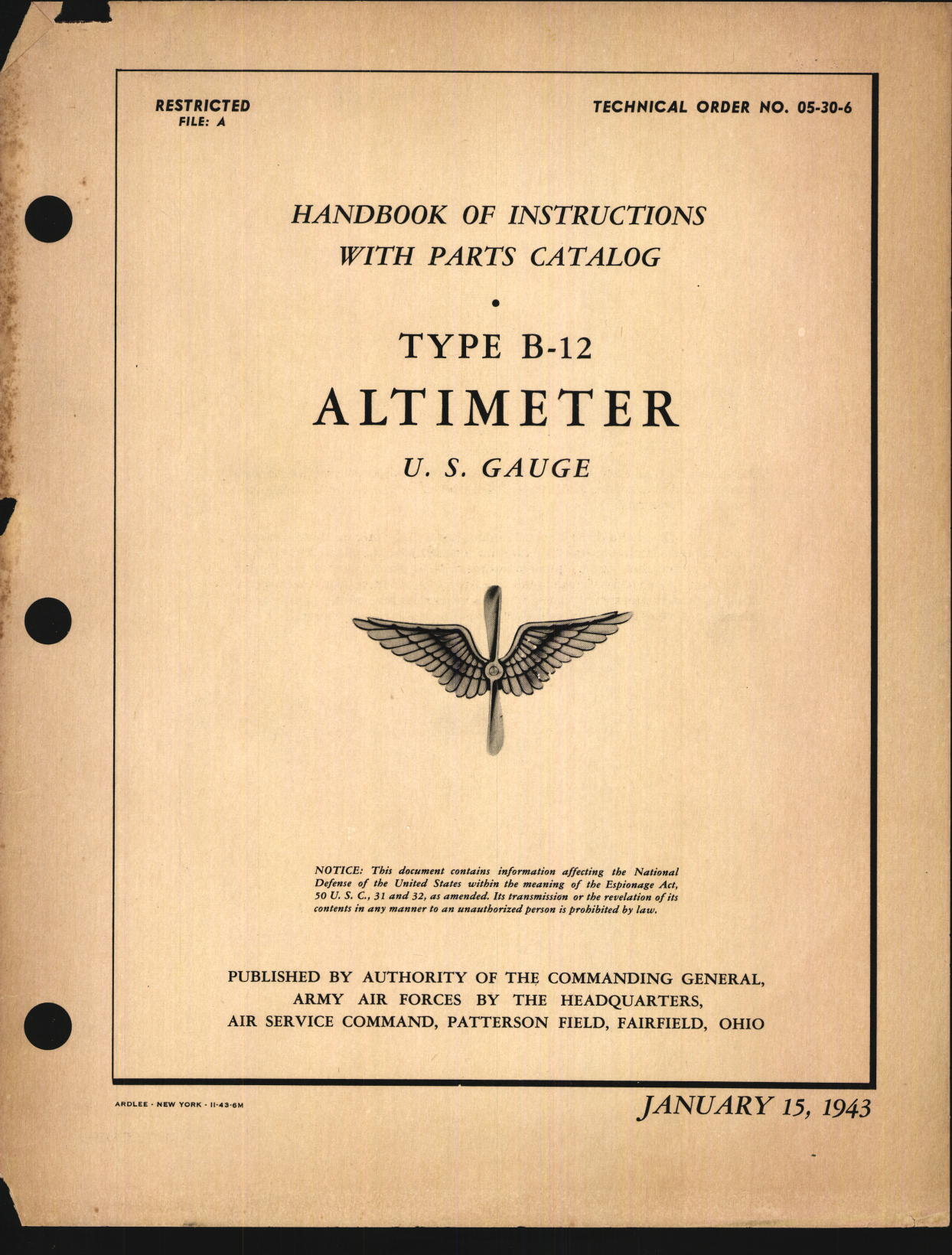 Sample page 1 from AirCorps Library document: Handbook of Instructions with Parts Catalog for Type B-12 Altimeter
