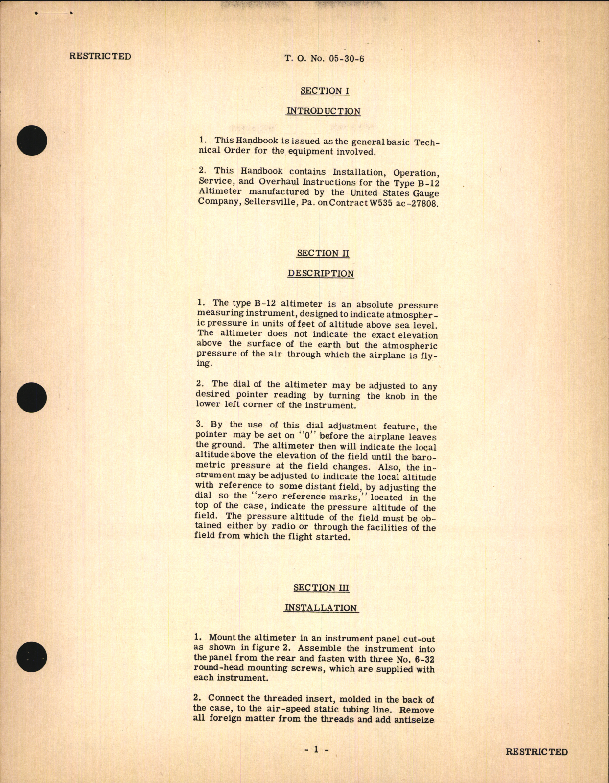 Sample page 5 from AirCorps Library document: Handbook of Instructions with Parts Catalog for Type B-12 Altimeter