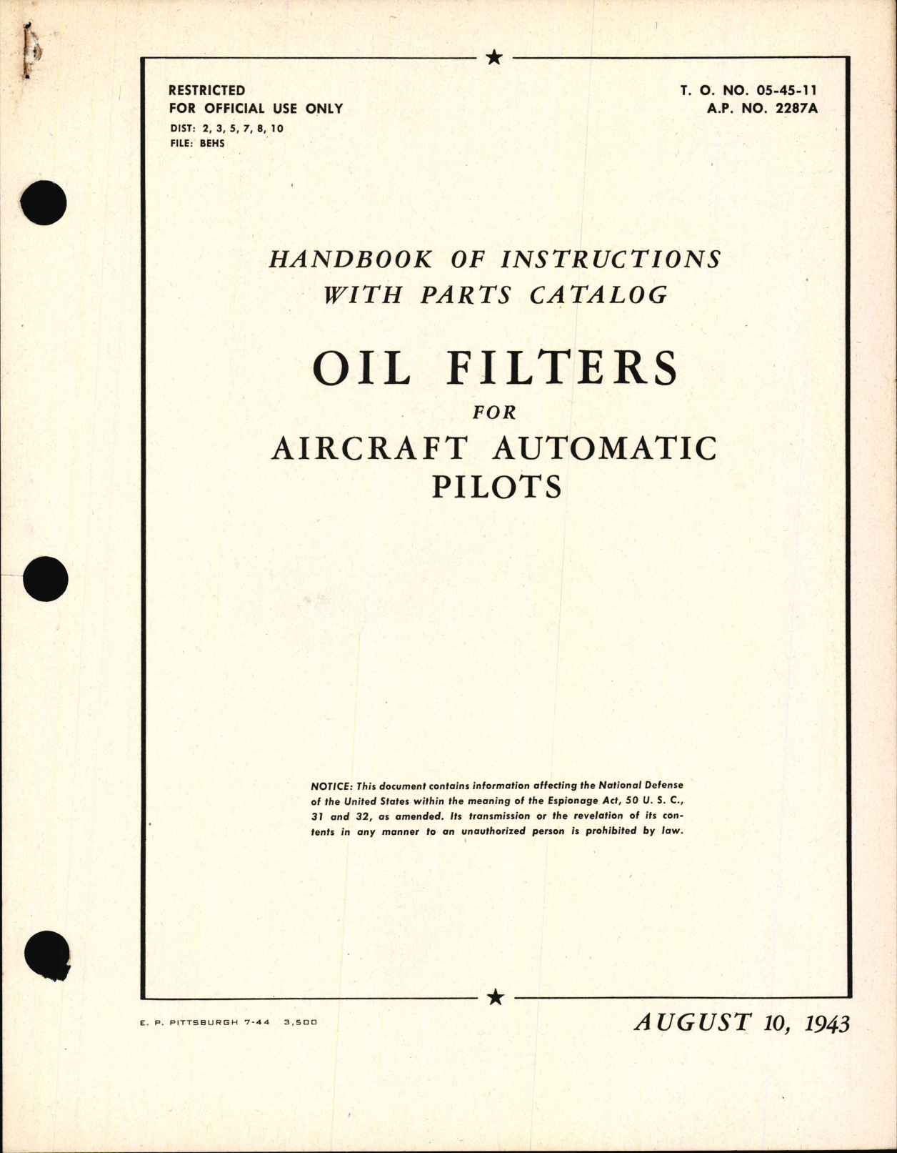 Sample page 1 from AirCorps Library document: Handbook of Instructions with Parts Catalog for Oil Filters for Aircraft Automatic Pilots