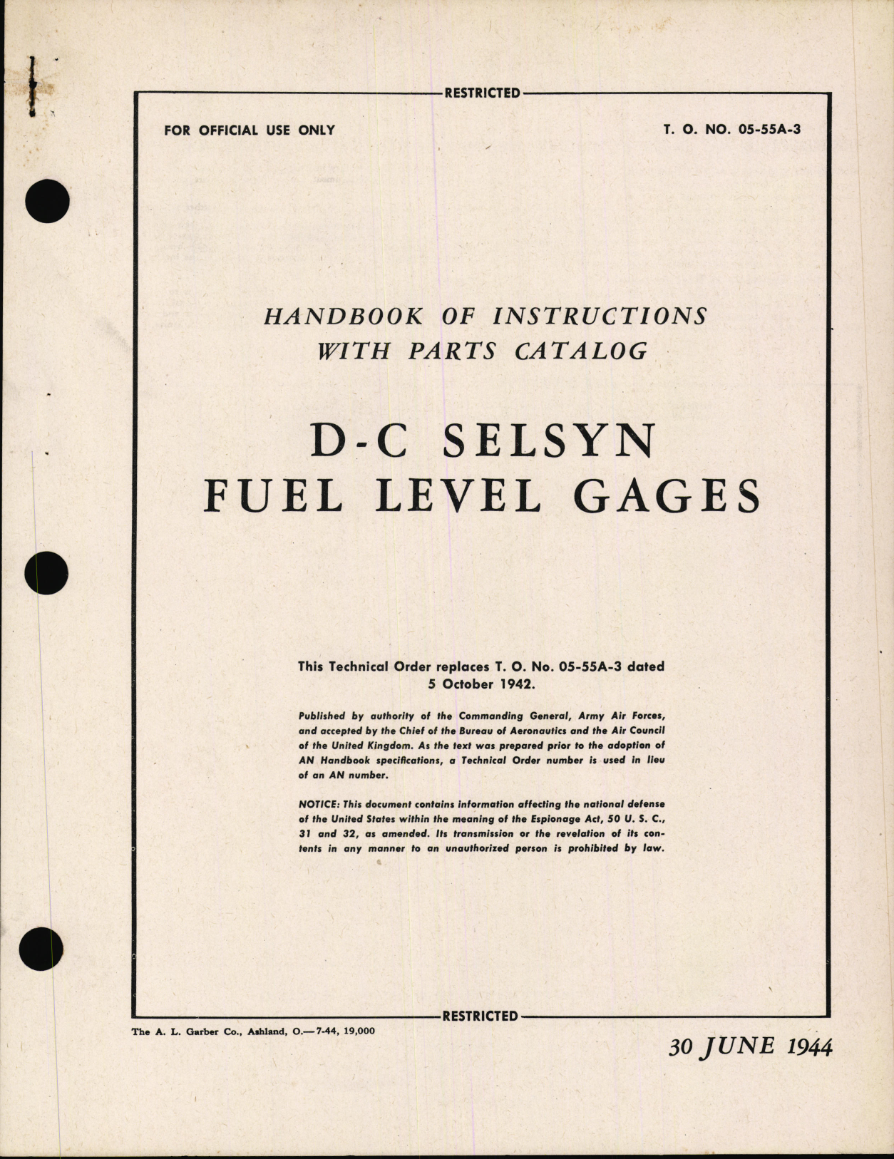Sample page 1 from AirCorps Library document: Handbook of Instructions with Parts Catalog for D-C Selsyn Fuel Level Gages