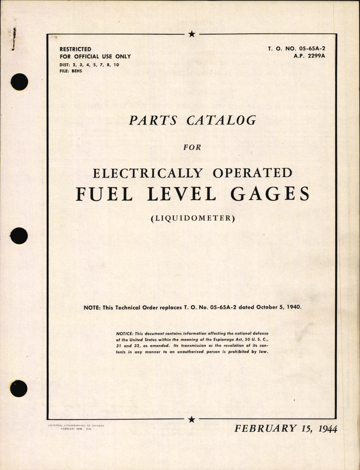 Sample page 1 from AirCorps Library document: Parts Catalog for Electrically Operated Fuel Level Gages