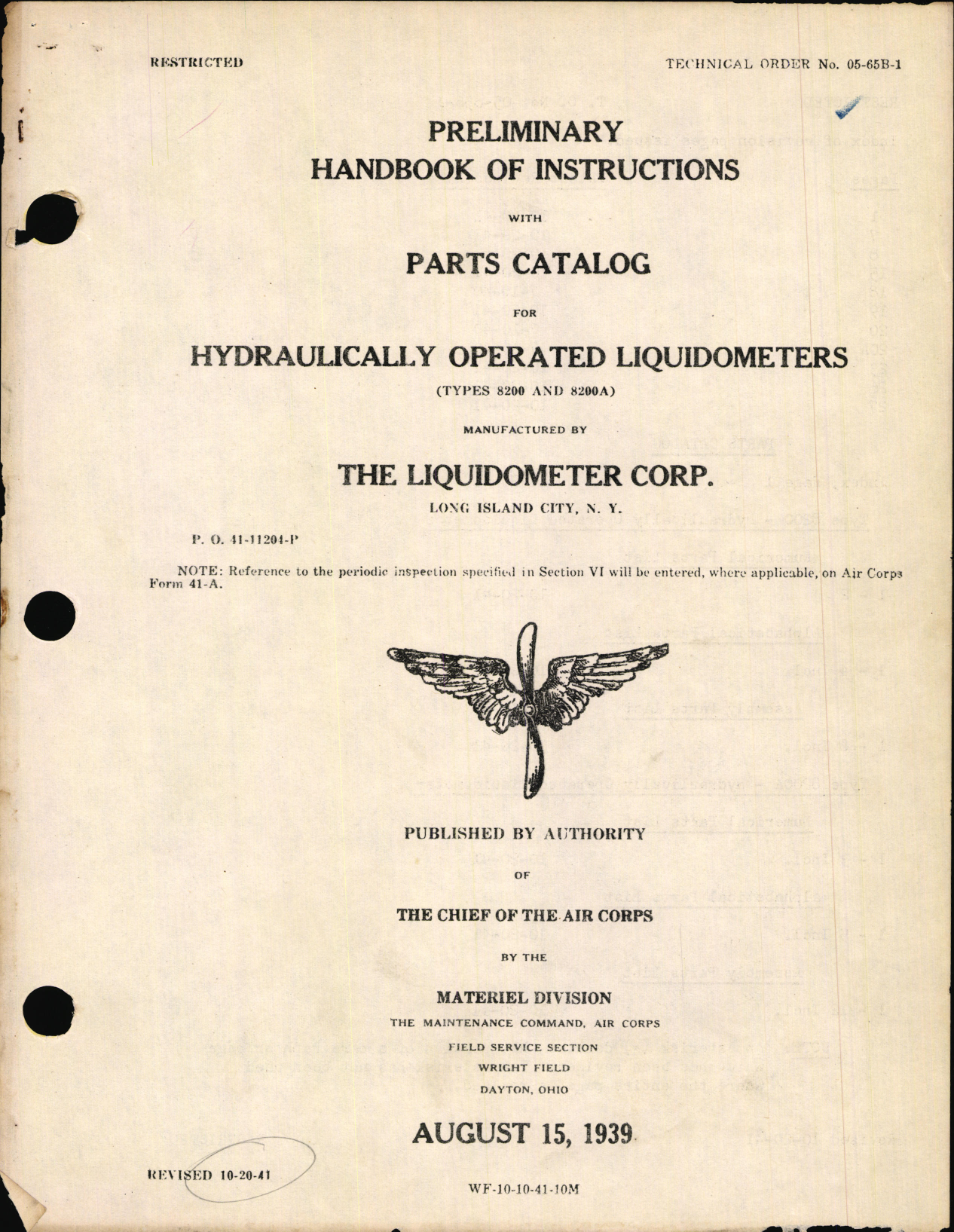 Sample page 1 from AirCorps Library document: Preliminary Handbook of Instructions with Parts Catalog for Hydraulically Operated Liquidometers