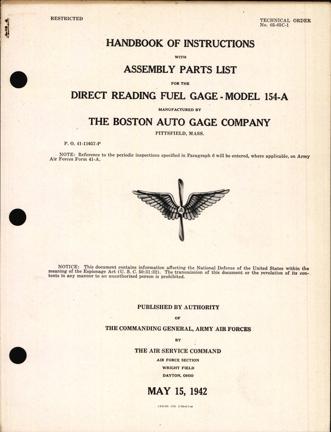 Sample page 1 from AirCorps Library document: Handbook of Instructions with Assembly Parts List for Direct Reading Fuel Gage Model 154-A