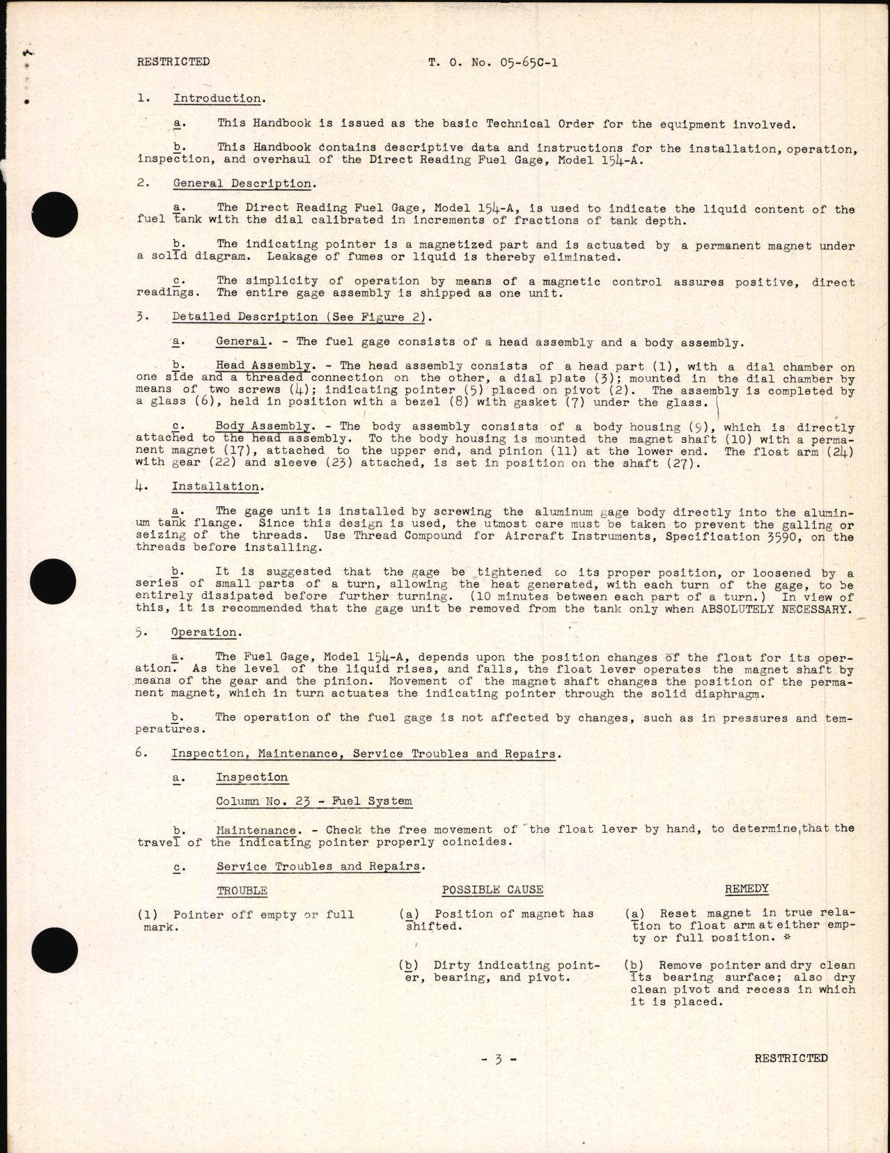 Sample page 5 from AirCorps Library document: Handbook of Instructions with Assembly Parts List for Direct Reading Fuel Gage Model 154-A