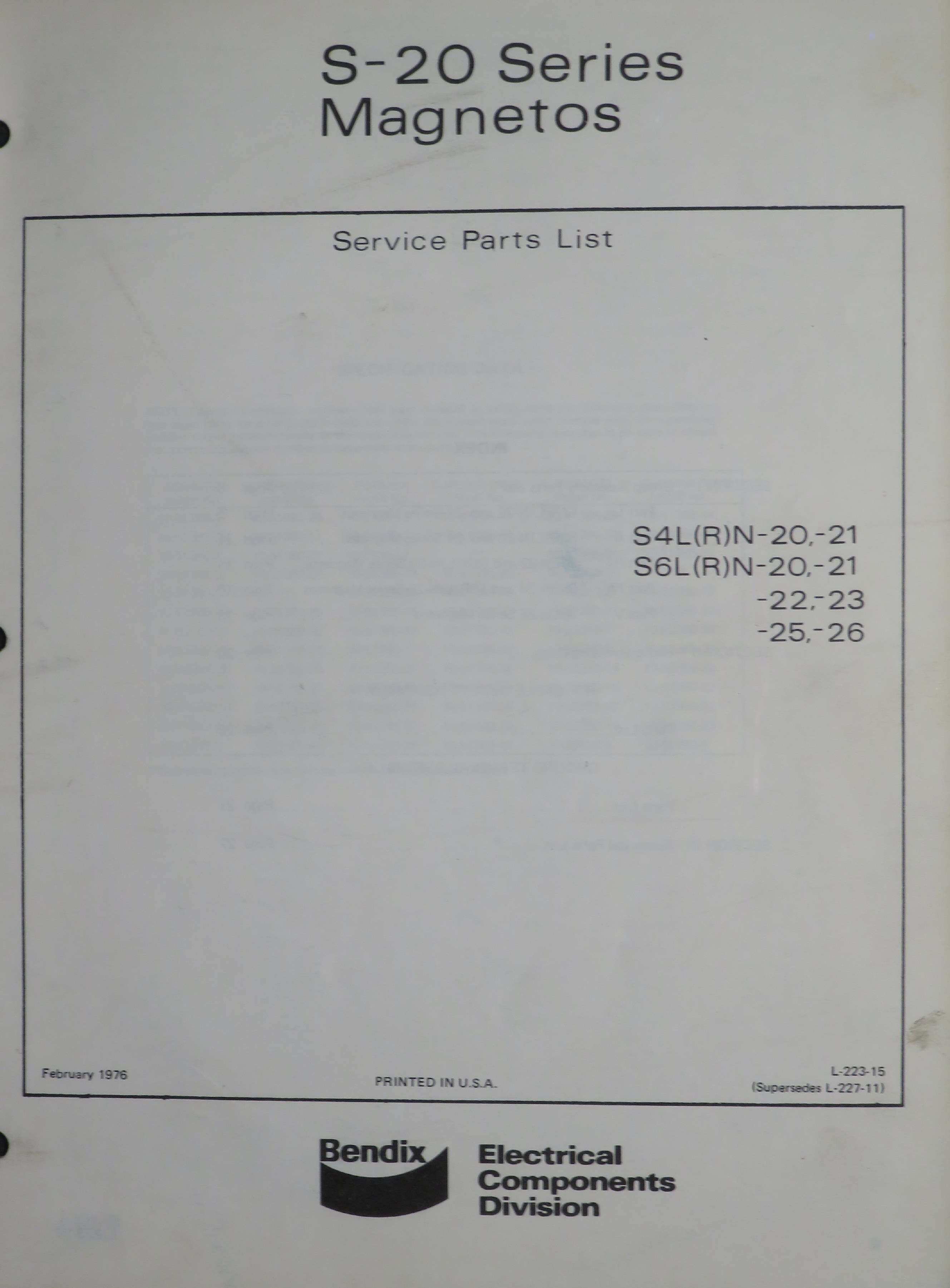Sample page 1 from AirCorps Library document: Service Parts List for Bendix S-20 Series Magnetos