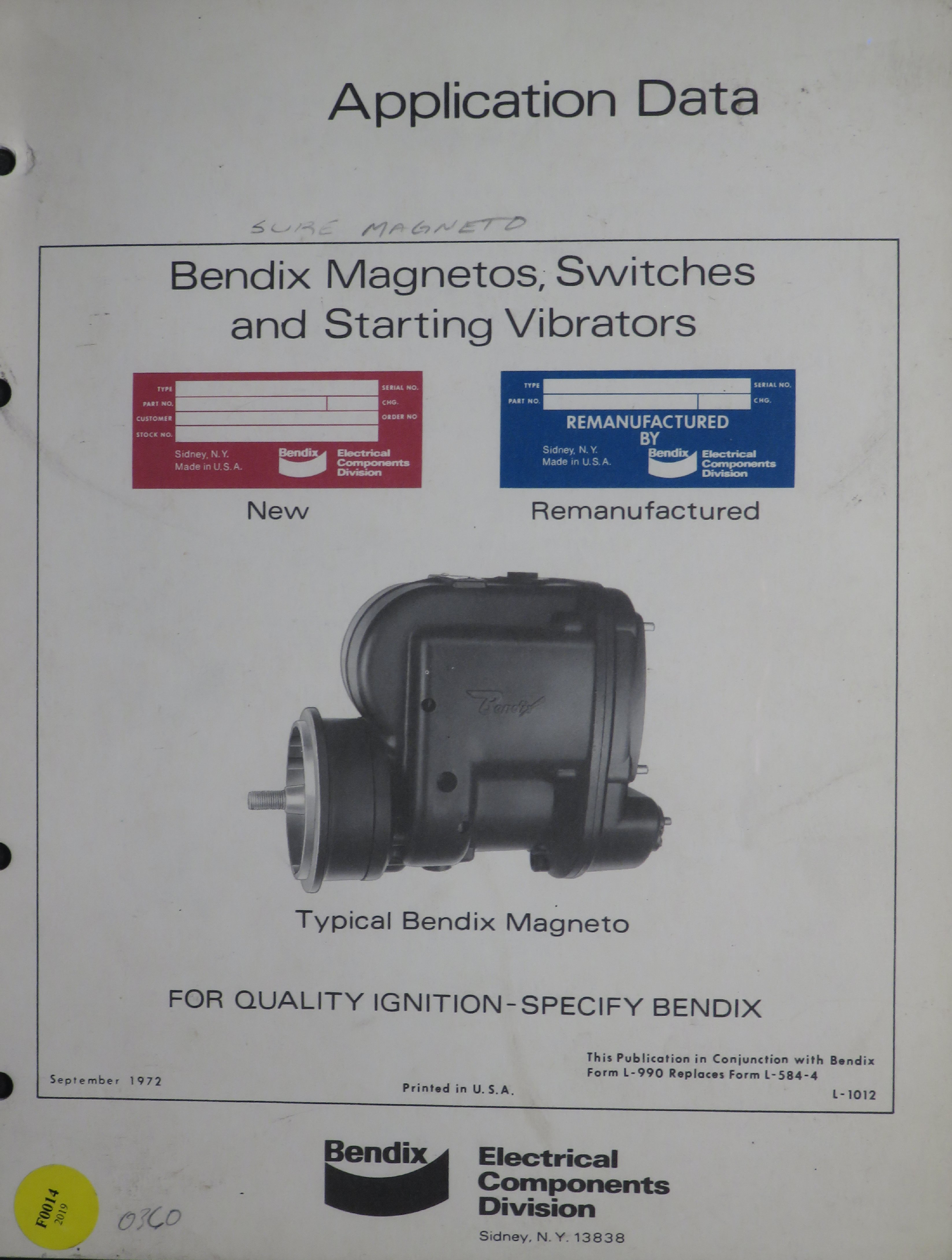 Sample page 1 from AirCorps Library document: Application Data for Bendix Magnetos, Switches and Starting Vibrators