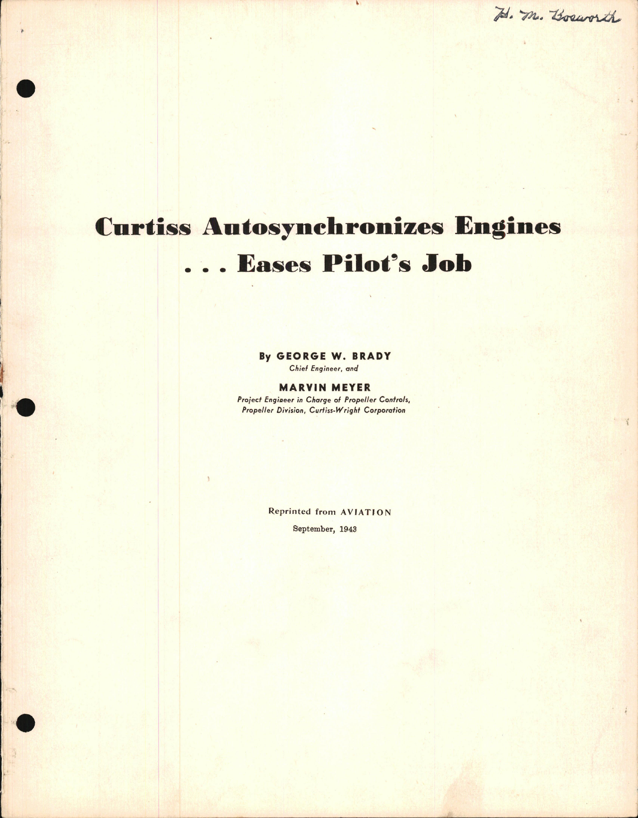 Sample page 1 from AirCorps Library document: Curtiss Autosynchronizes Engines