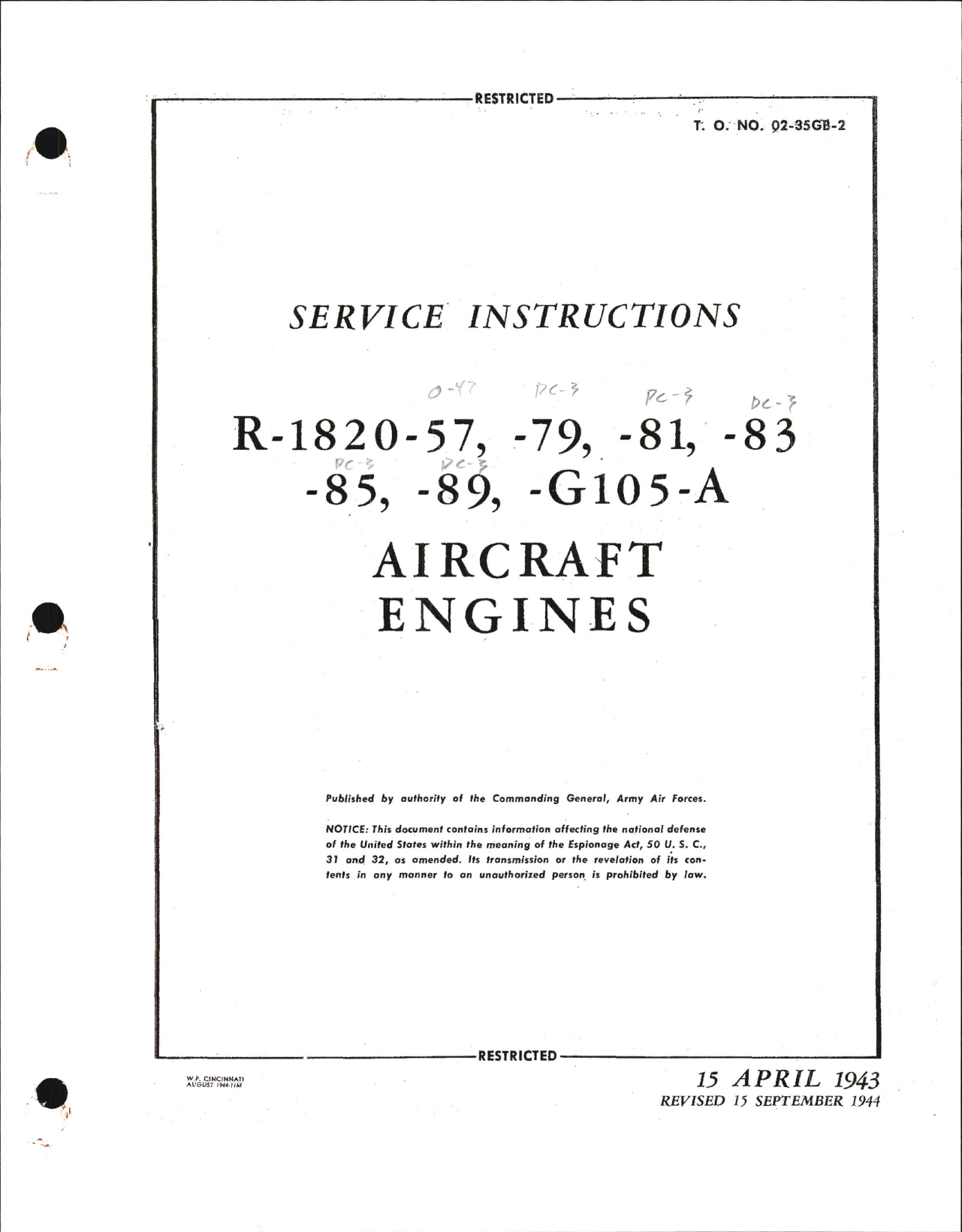 Sample page 1 from AirCorps Library document: Service Instructions for R-1820 Series