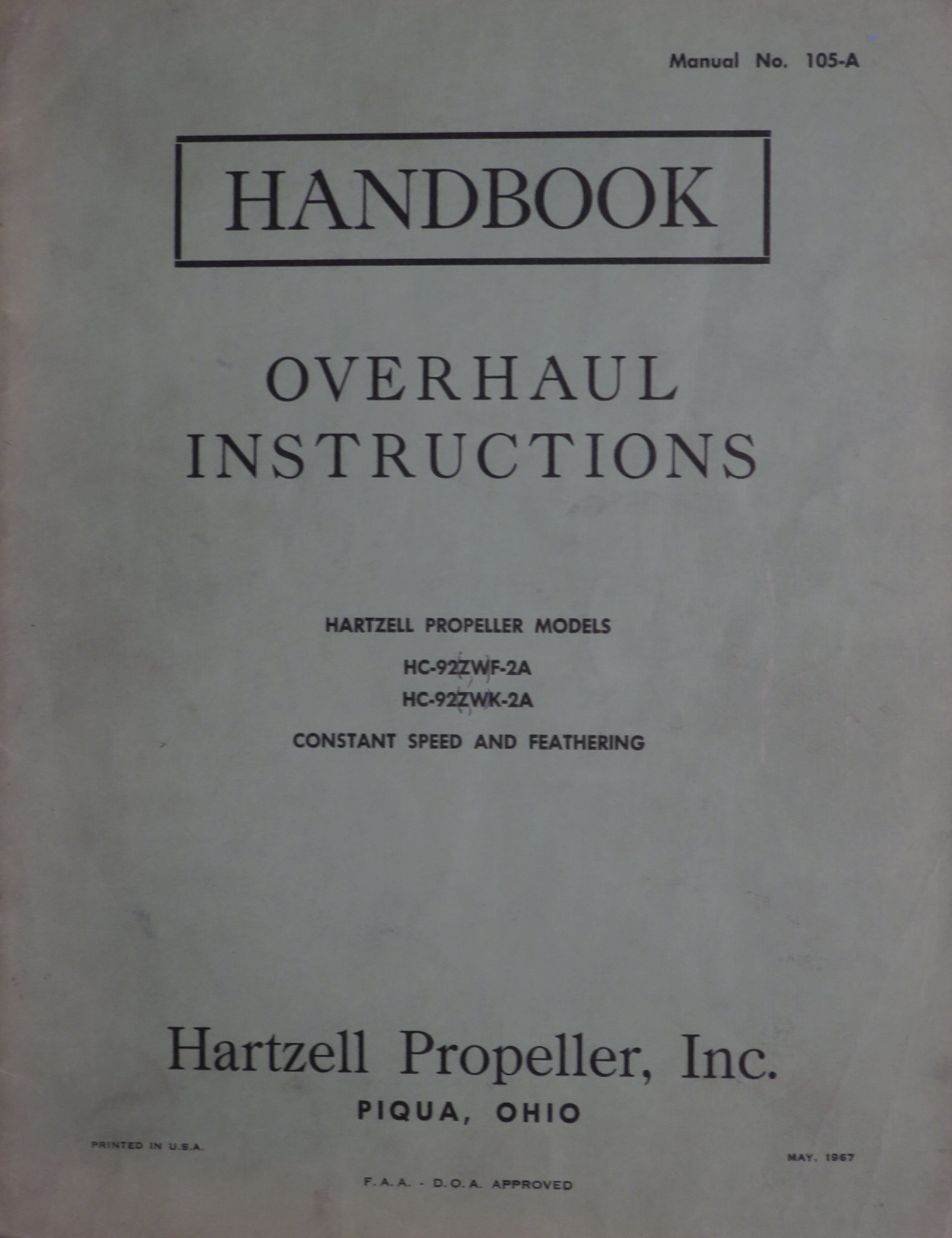Sample page 1 from AirCorps Library document: Overhaul Instructions for Hartzell Propeller Models HC-92ZWF-2A & HC-92ZWK-2A