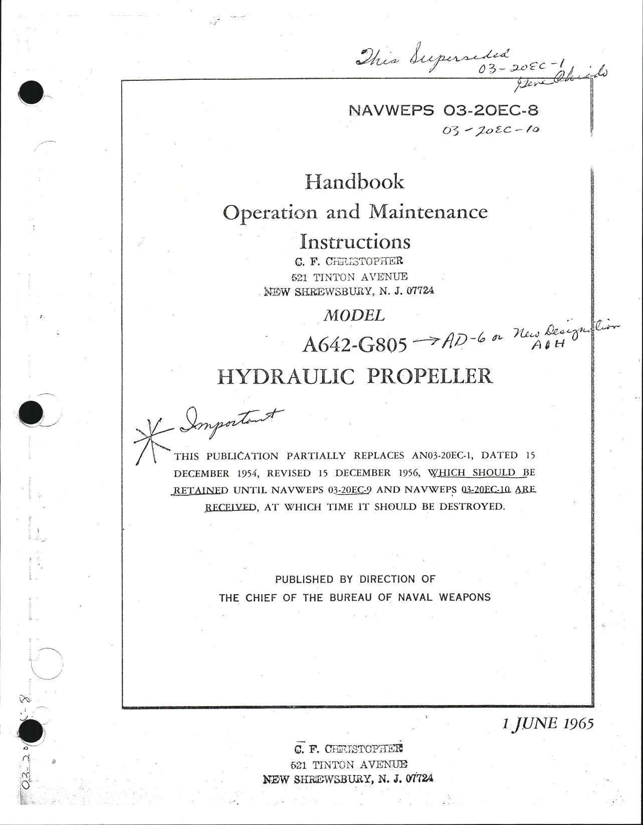 Sample page 1 from AirCorps Library document: Operation and Maintenance Instructions for Allison Hydraulic Propeller Model A642-G805