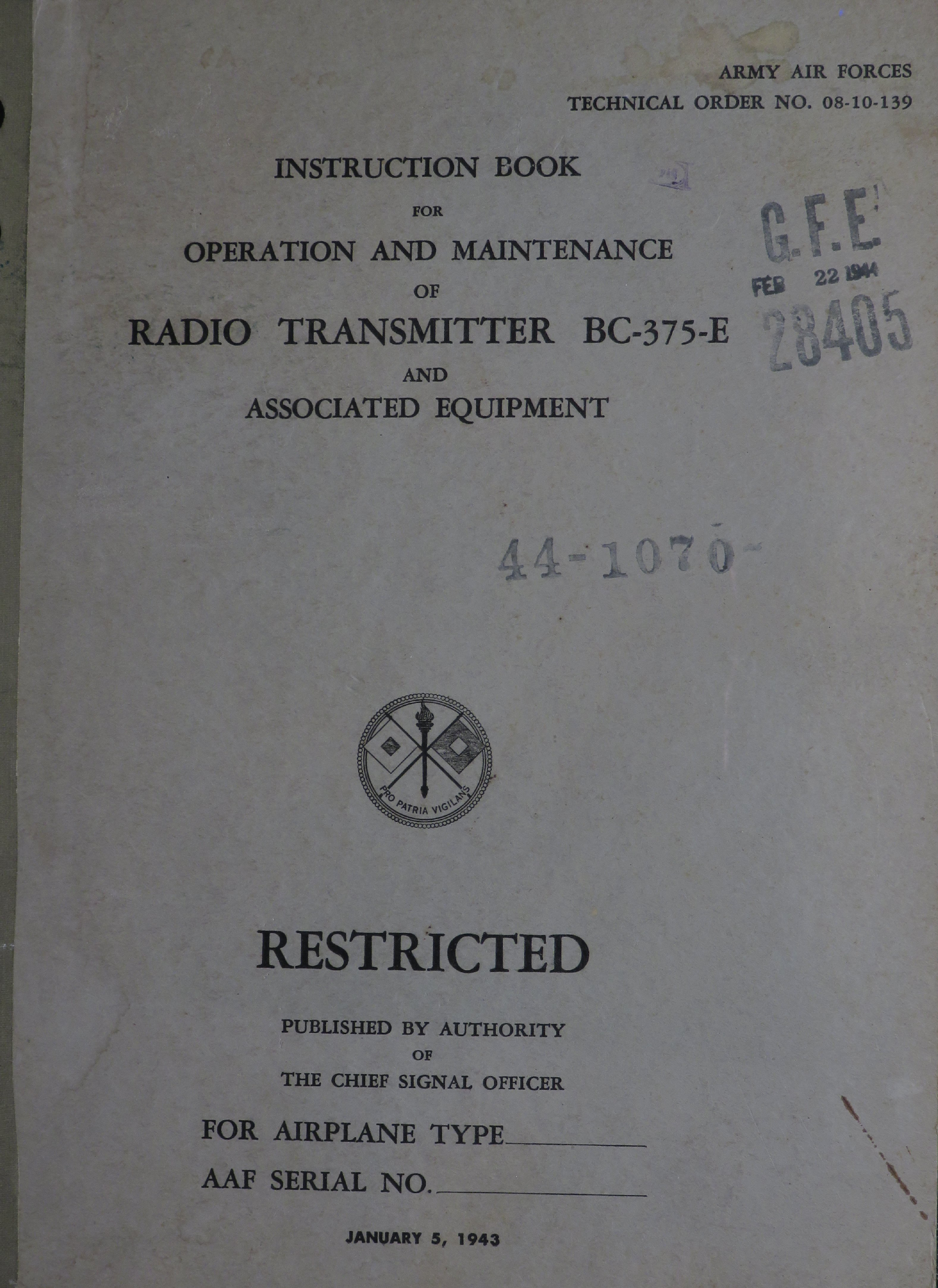 Sample page 1 from AirCorps Library document: Operation and Maintenance for Radio Transmitter Model BC-375-E and Associated Equipment