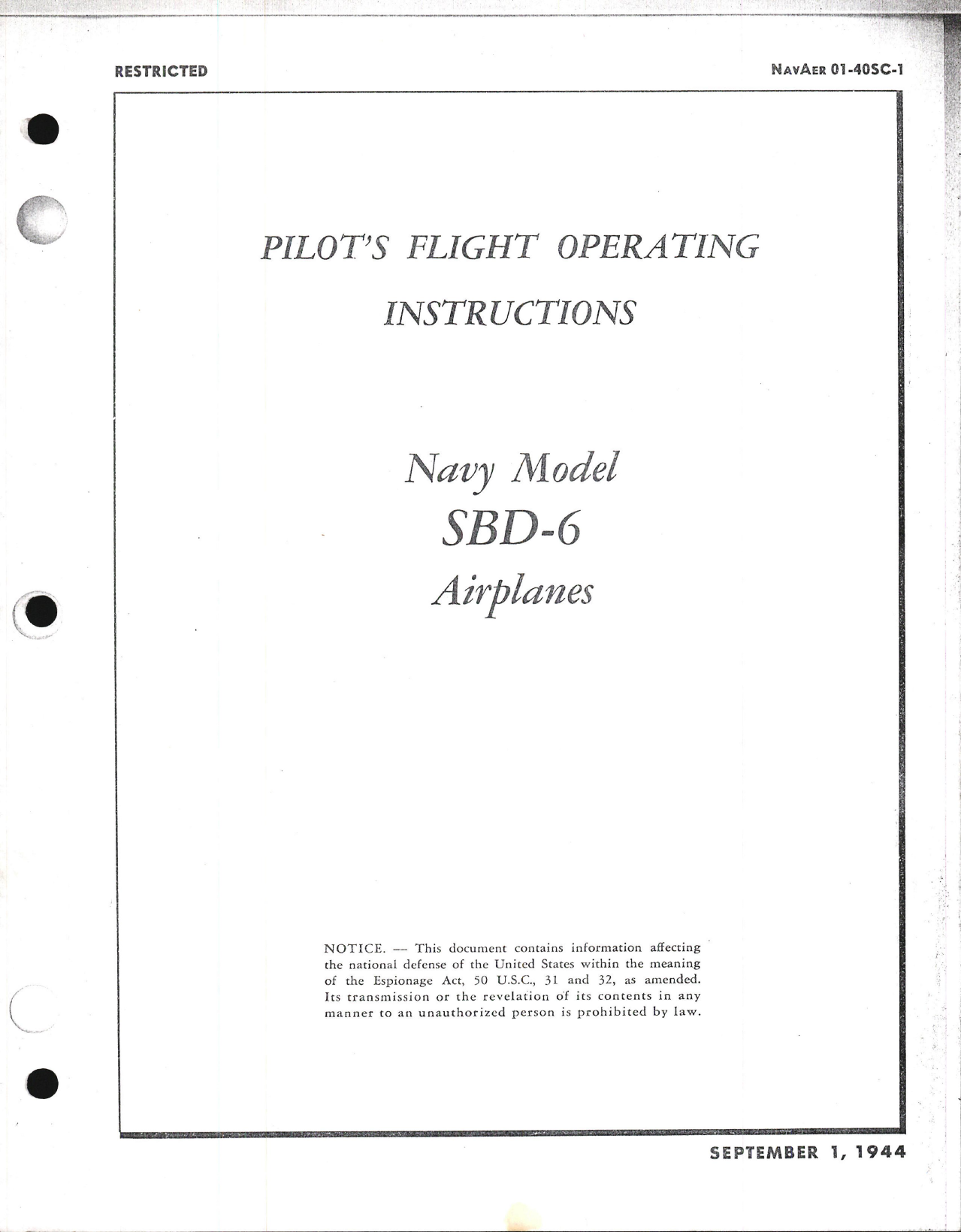Sample page 1 from AirCorps Library document: Pilot's Flight Instructions for Navy Model SBD-6 