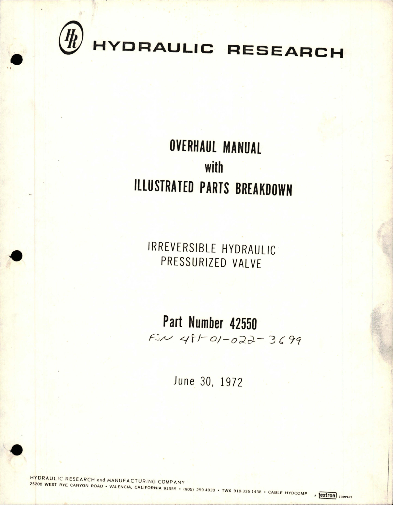 Sample page 1 from AirCorps Library document: Overhaul with Illustrated Parts Breakdown for Irreversible Hydraulic Pressurized Valve - Part 42550