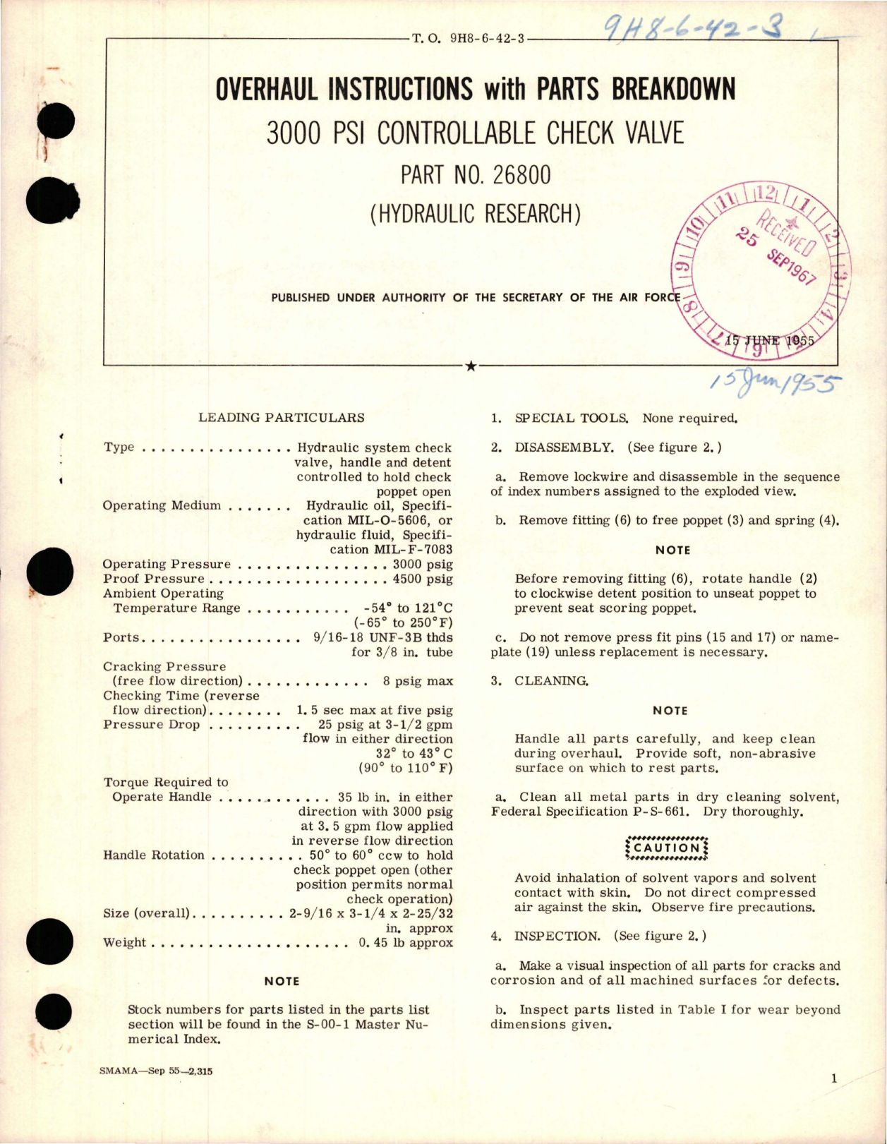 Sample page 1 from AirCorps Library document: Overhaul Instructions with Parts Breakdown for 3000 PSI Controllable Check Valve - Part 26800