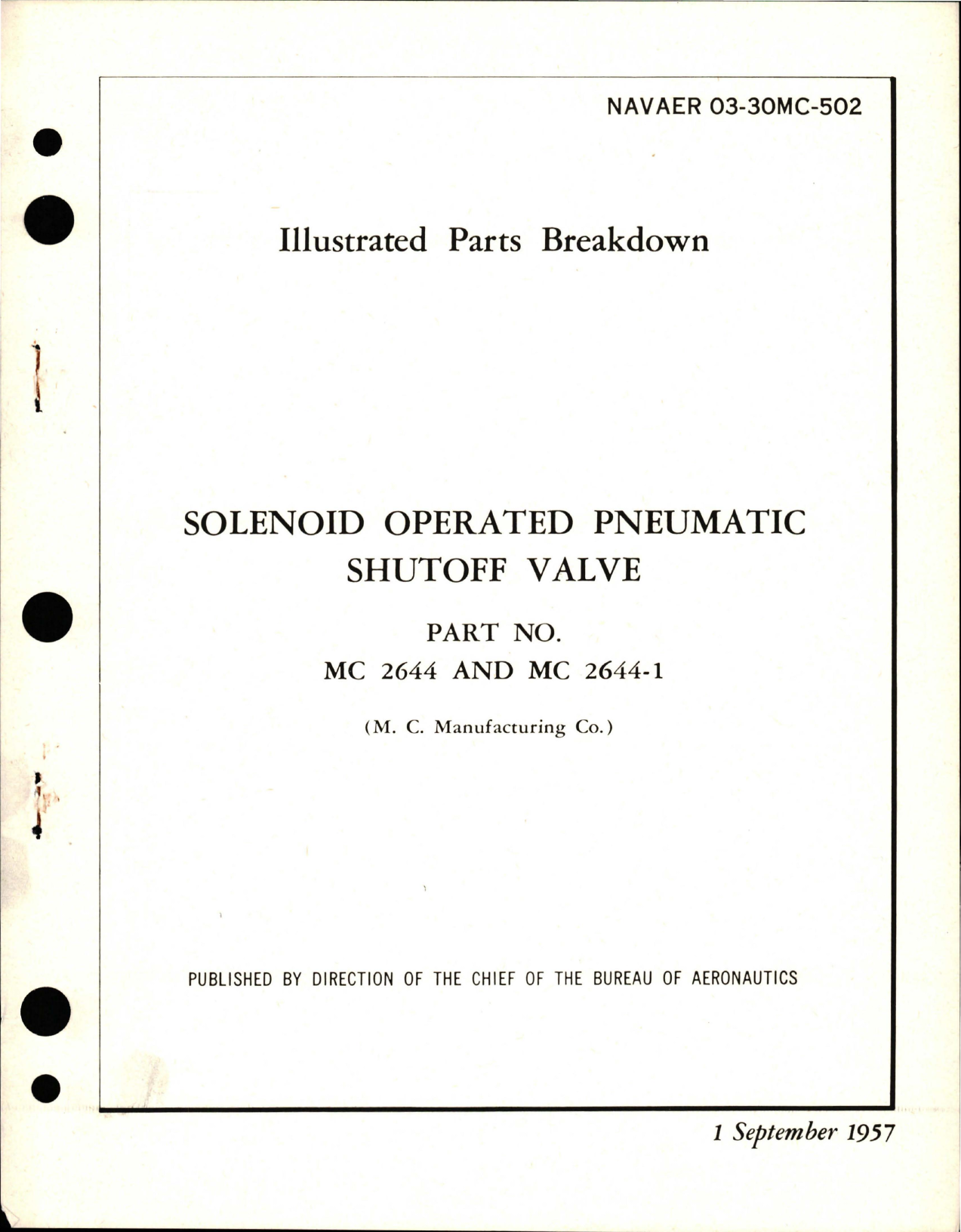Sample page 1 from AirCorps Library document: Illustrated Parts Breakdown for Solenoid Operated Pneumatic Shutoff Valve - Parts MV 2644 and NC2644-1 