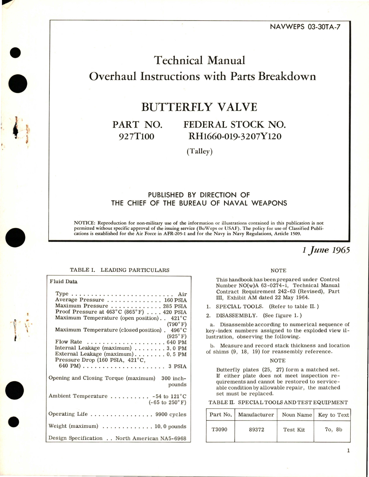 Sample page 1 from AirCorps Library document: Overhaul Instructions with Parts Breakdown for Butterfly Valve - Part 927T100