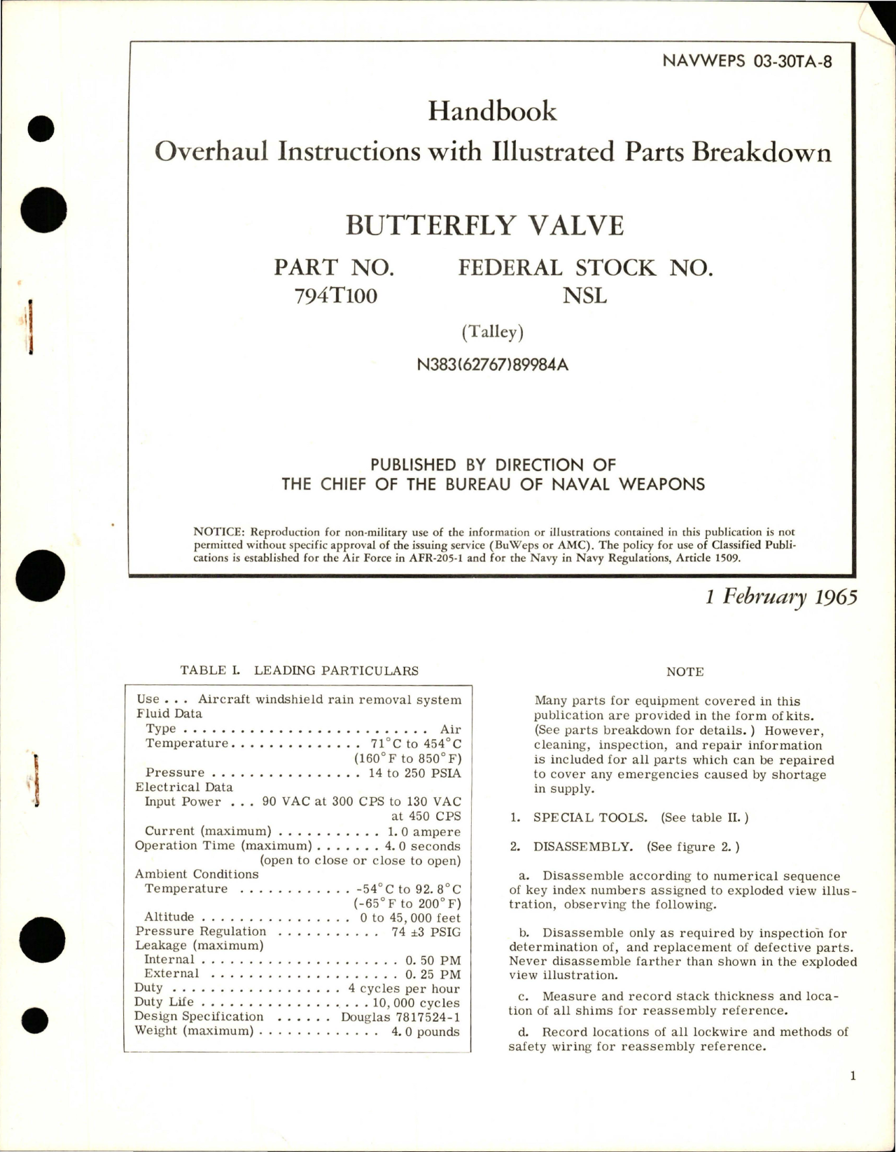 Sample page 1 from AirCorps Library document: Overhaul Instructions with Illustrated Parts Breakdown for Butterfly Valve - Part 794T100