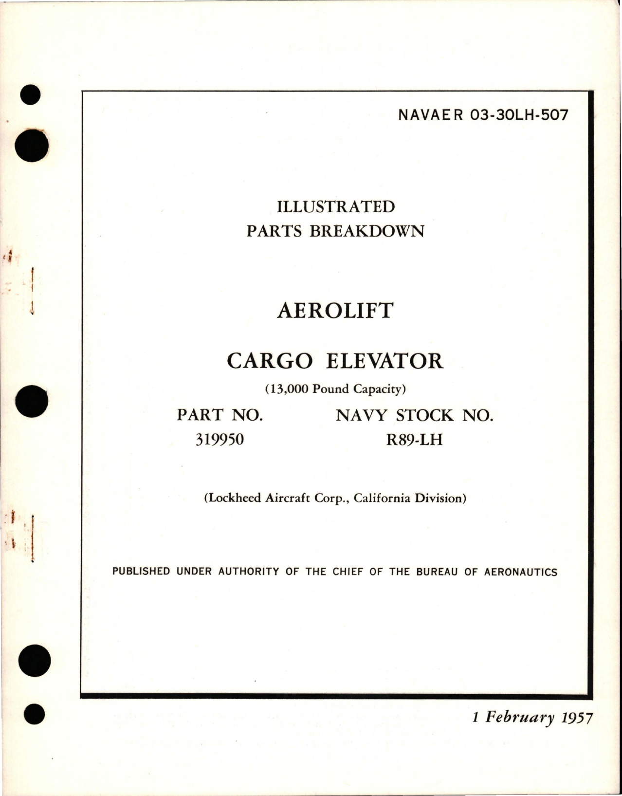 Sample page 1 from AirCorps Library document: Illustrated Parts Breakdown for Aerolift Cargo Elevator (13,000 lb capacity) Part 319950 