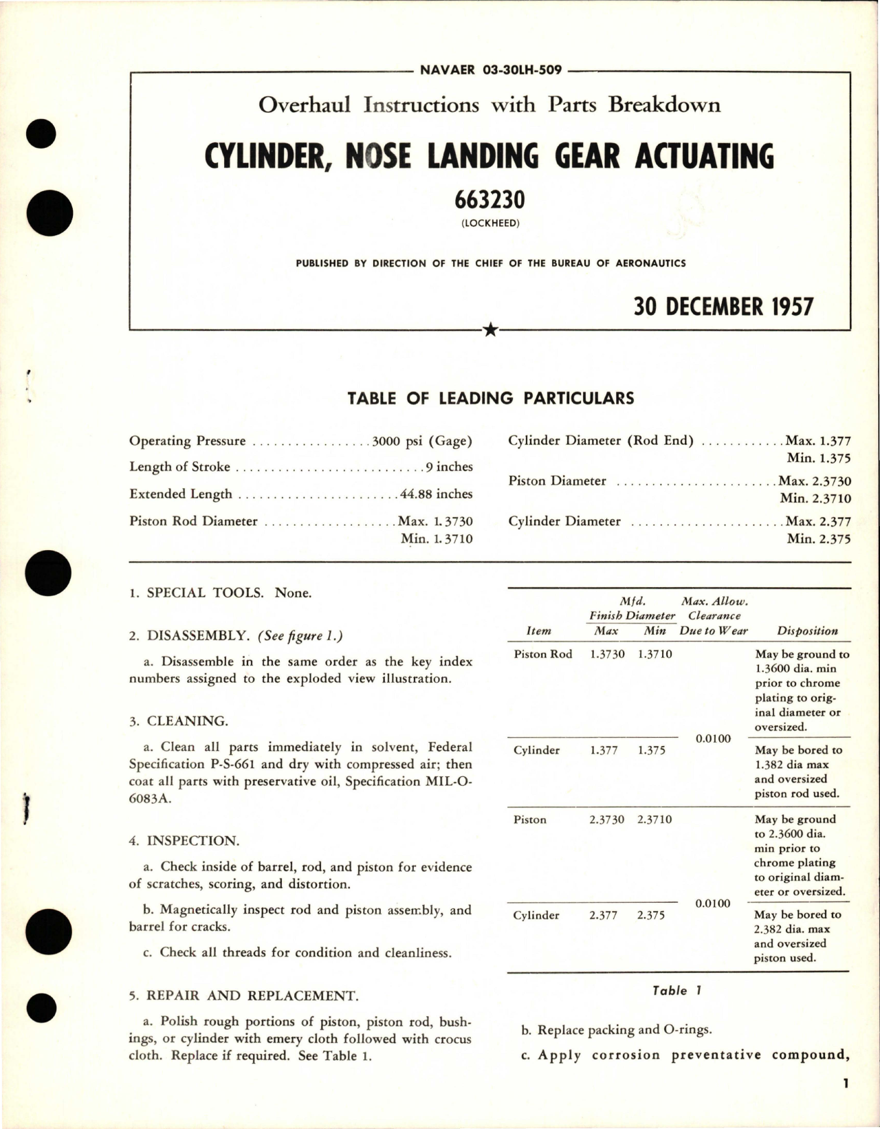 Sample page 1 from AirCorps Library document: Overhaul Instructions with Parts Breakdown for Nose Landing Gear Actuating Cylinder - 663230