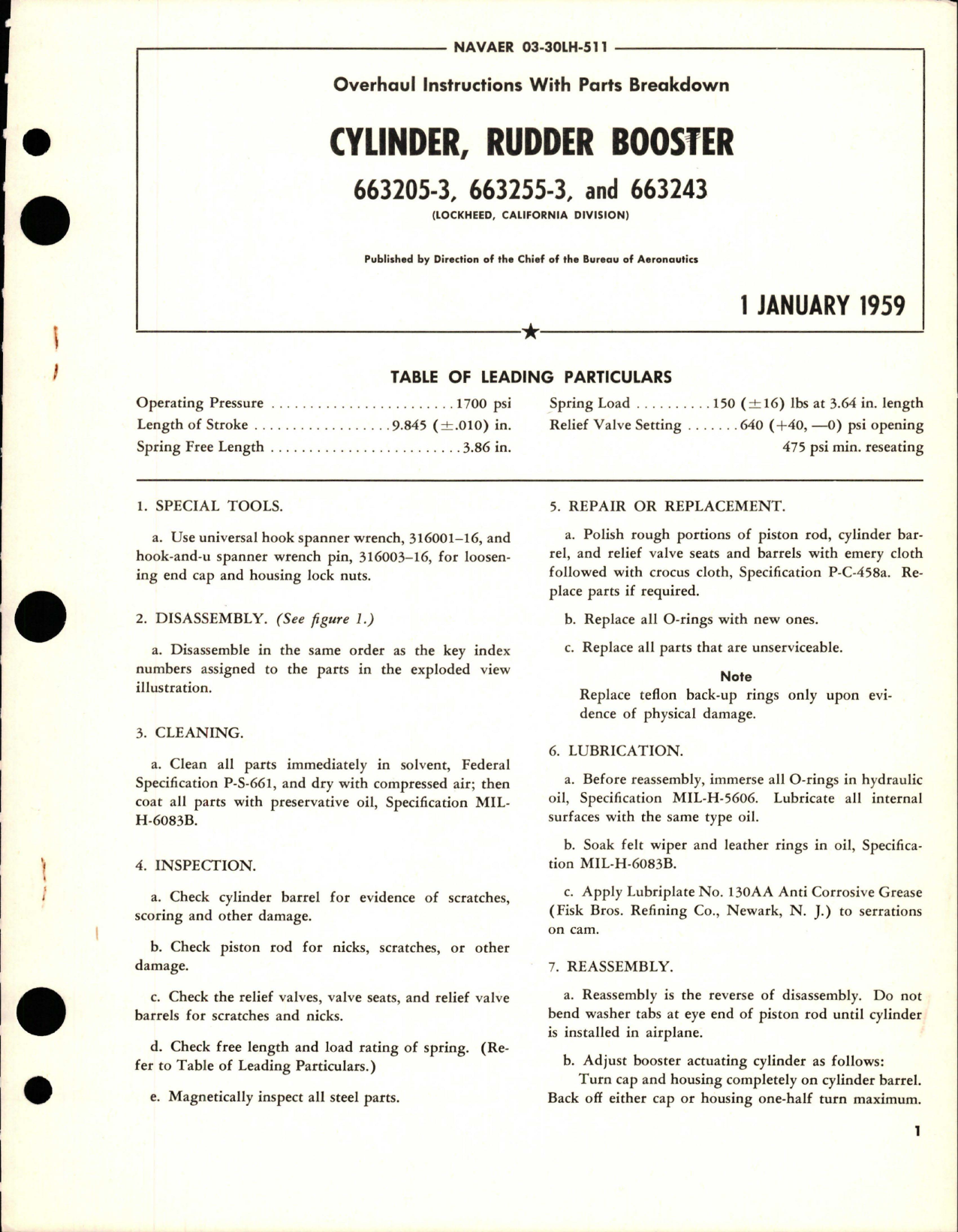 Sample page 1 from AirCorps Library document: Overhaul Instructions with Parts Breakdown for Rudder Booster Cylinder - 663205-3, 663255-3, and 663243