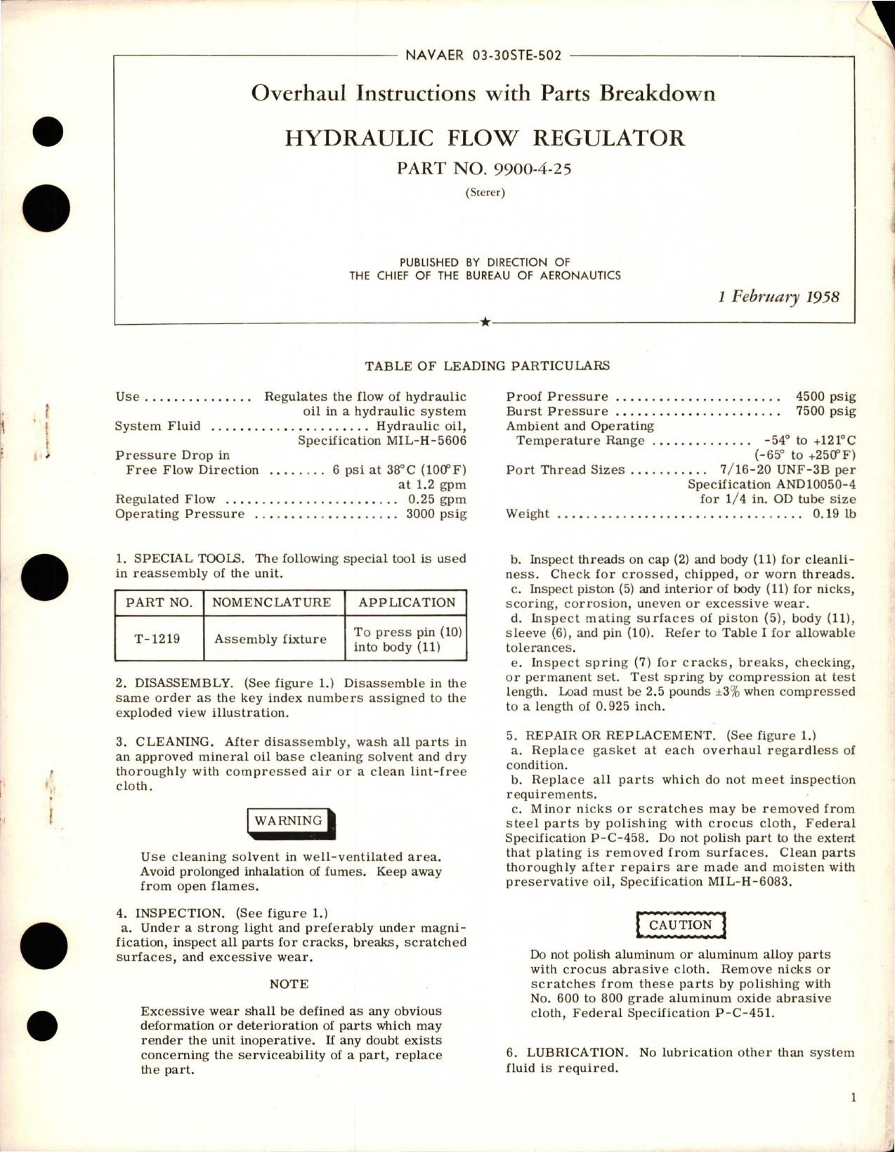 Sample page 1 from AirCorps Library document: Overhaul Instructions with Parts Breakdown for Hydraulic Flow Regulator - Part 9900-4-25