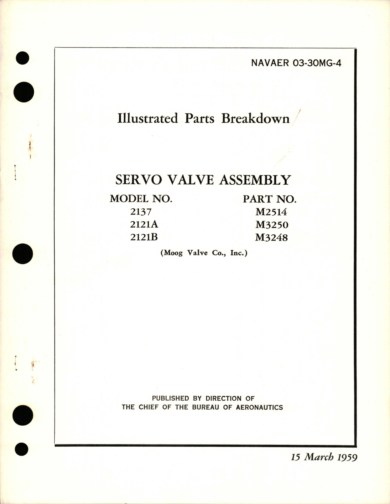 Sample page 1 from AirCorps Library document: Illustrated Parts Breakdown for Servo Valve Assembly - Models 2137, 2121A, and 2121B - Parts M2514, M3250, and M3248