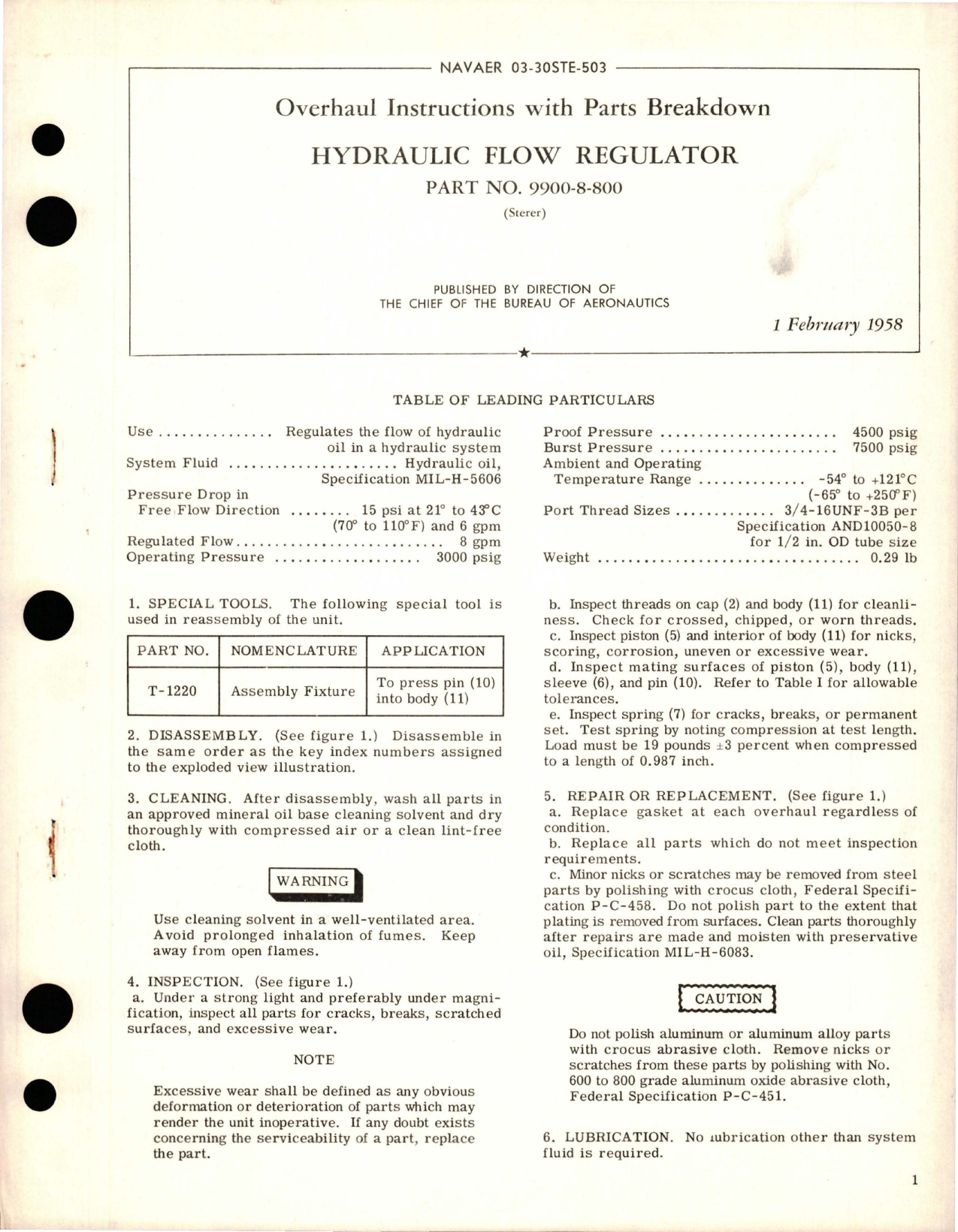 Sample page 1 from AirCorps Library document: Overhaul Instructions with Parts Breakdown for Hydraulic Flow Regulator - Part 9900-8-800