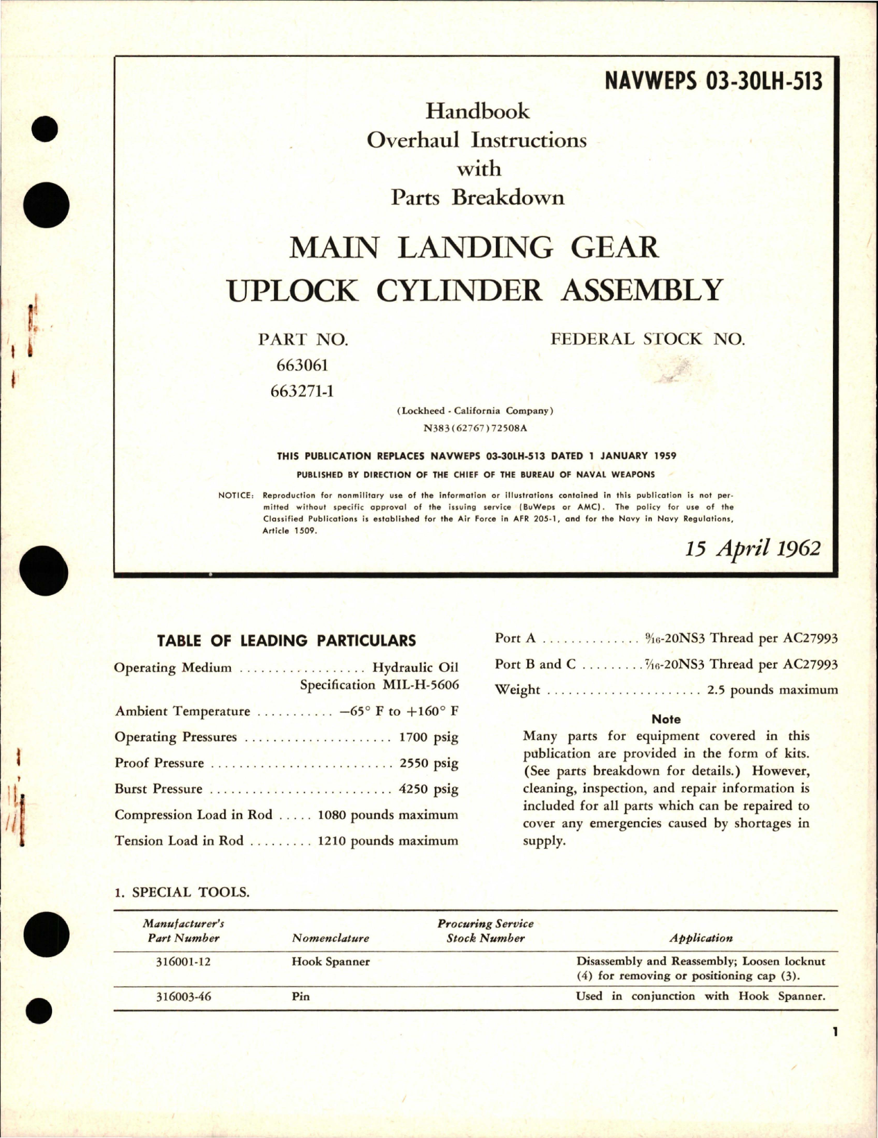 Sample page 1 from AirCorps Library document: Overhaul Instructions with Parts Breakdown for Main Landing Gear Uplock Cylinder Assembly - Part 663061 and 663271-1