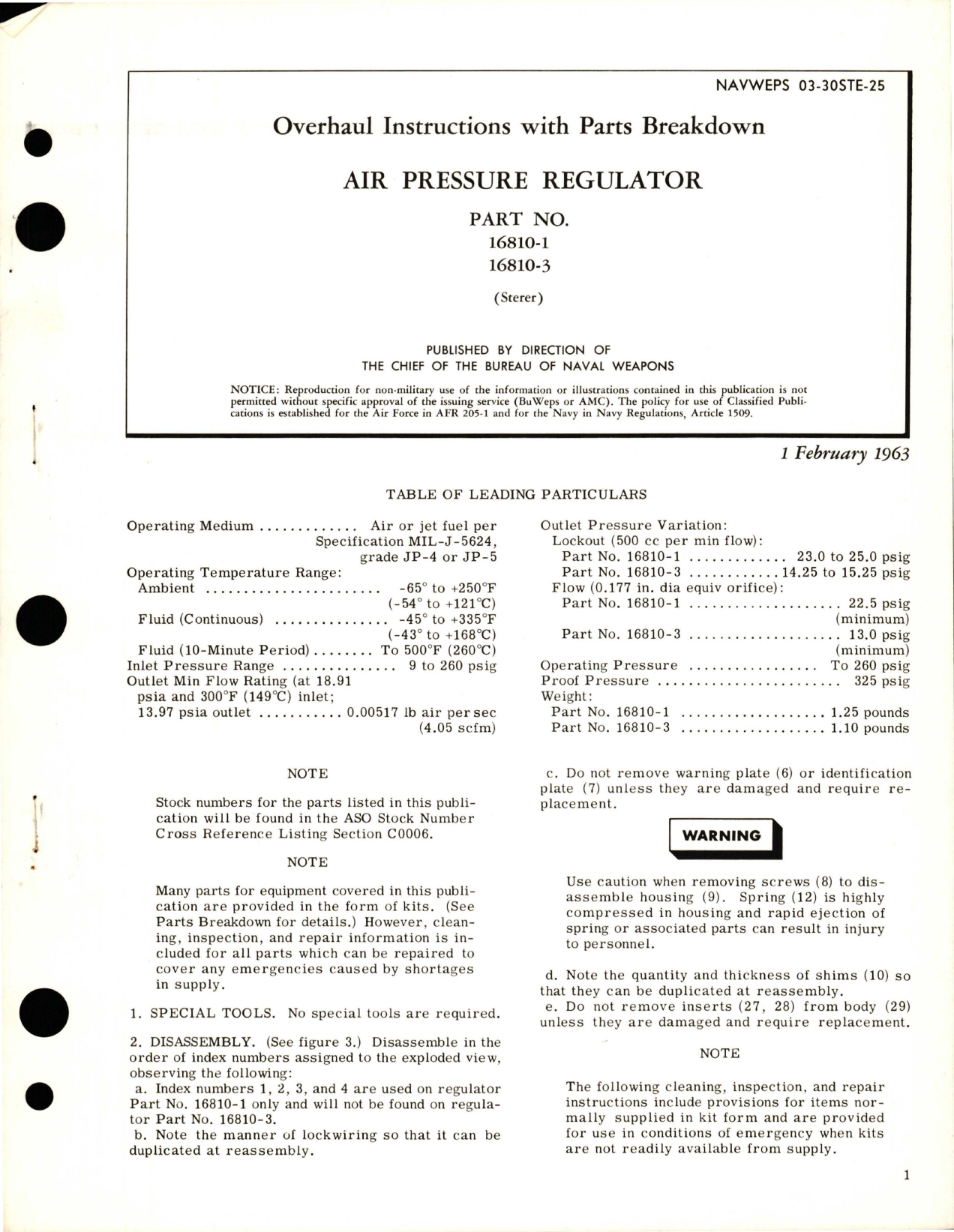 Sample page 1 from AirCorps Library document: Overhaul Instructions with Parts Breakdown for Air Pressure Regulator - Part 16810-1 and 16810-3