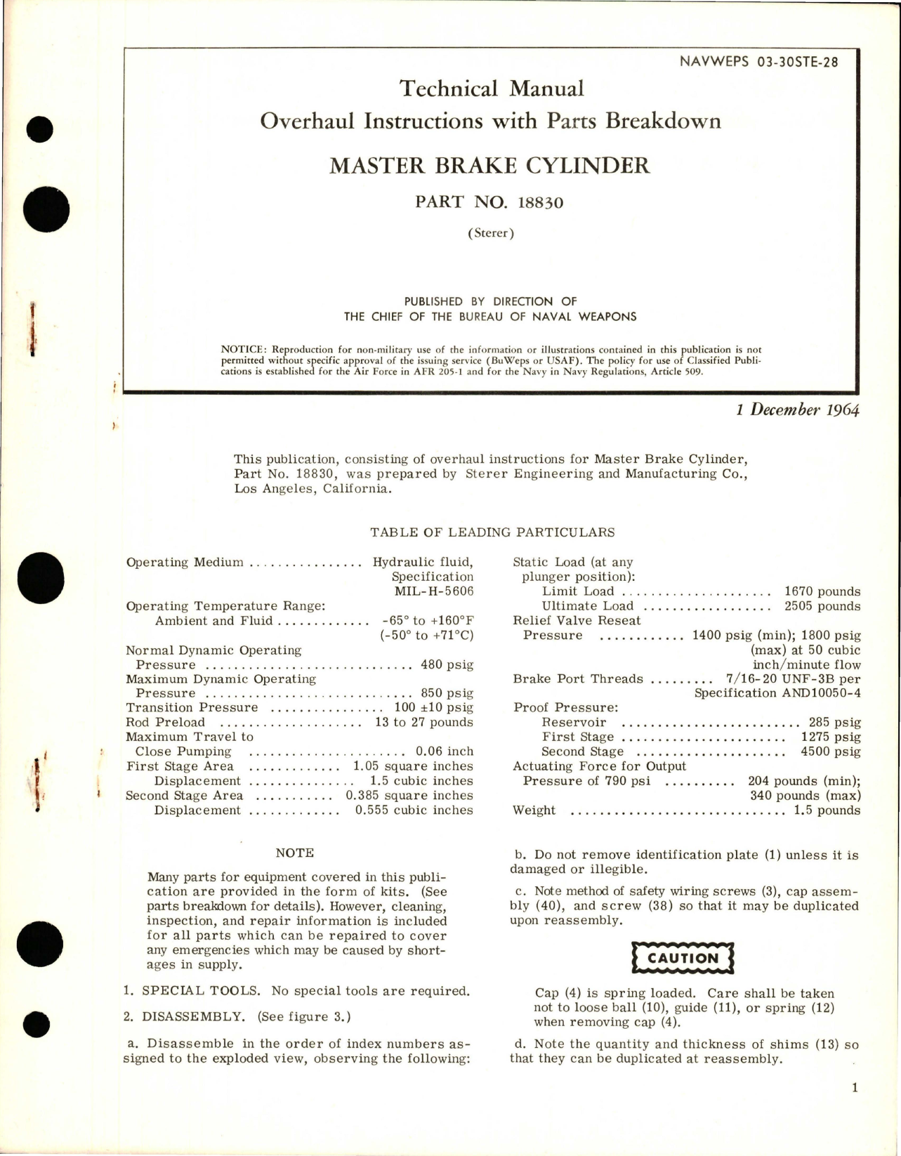 Sample page 1 from AirCorps Library document: Overhaul Instructions with Parts Breakdown for Master Brake Cylinder - Part 18830