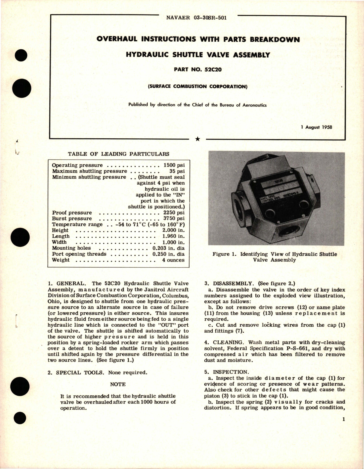 Sample page 1 from AirCorps Library document: Overhaul Instructions with Parts Breakdown for Hydraulic Shuttle Valve Assembly - Part 52C20