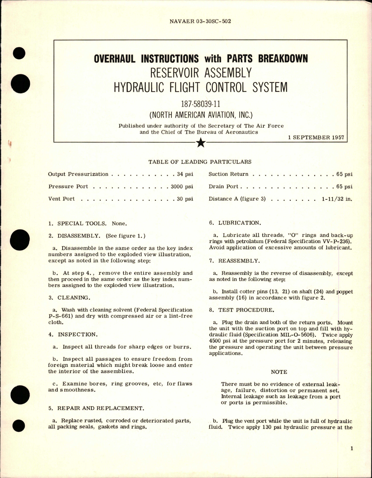 Sample page 1 from AirCorps Library document: Overhaul Instructions with Parts Breakdown for Hydraulic Flight Control System Reservoir Assembly - 18758039-11 