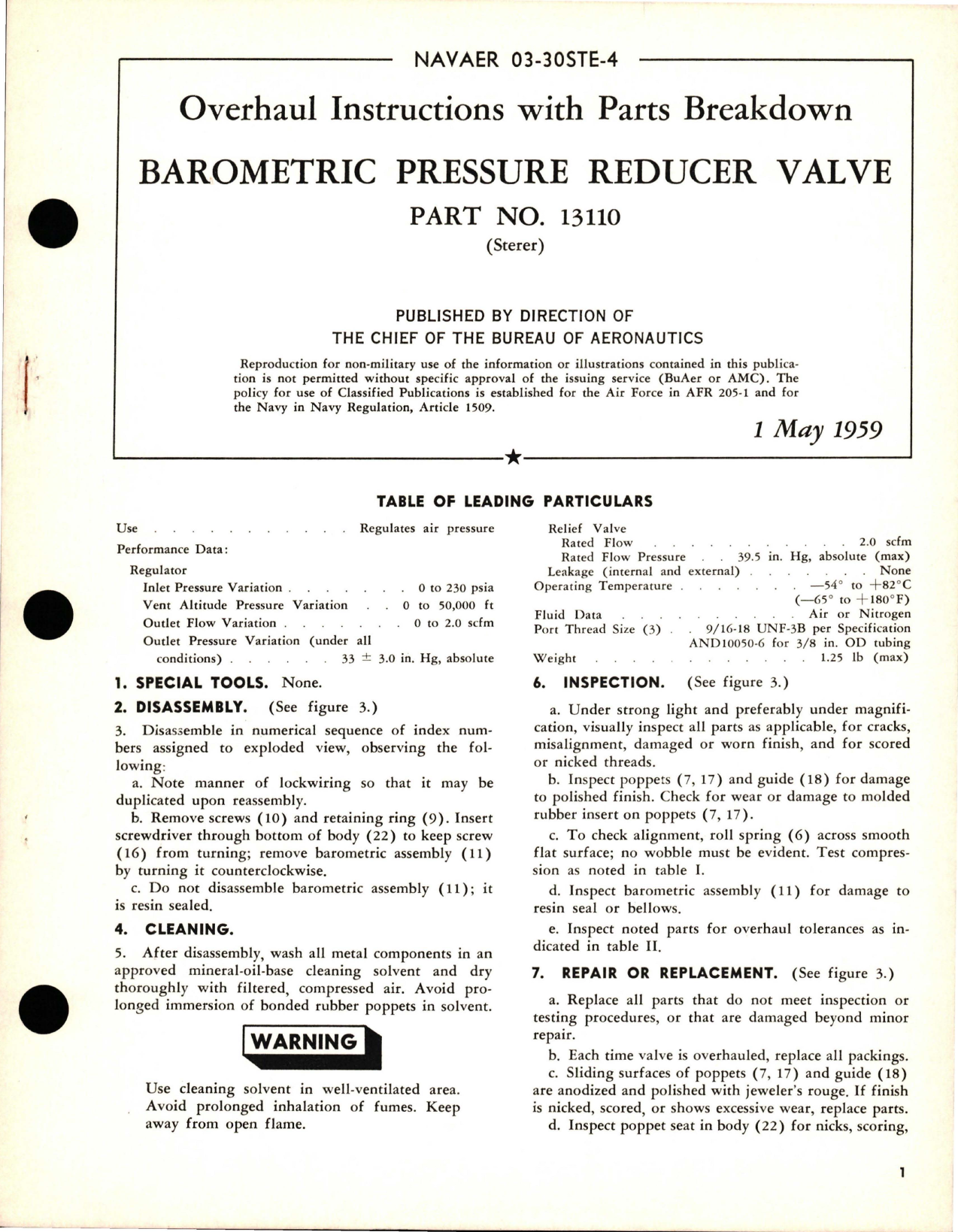 Sample page 1 from AirCorps Library document: Overhaul Instructions with Parts Breakdown for Barometric Pressure Reducer Valve - Part 13110
