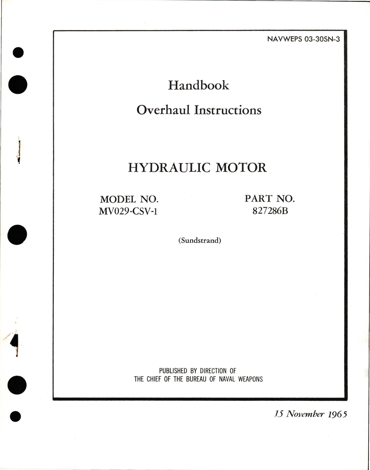Sample page 1 from AirCorps Library document: Overhaul Instructions for Hydraulic Motor - Model MV029-CSV-1 - Part 827286B