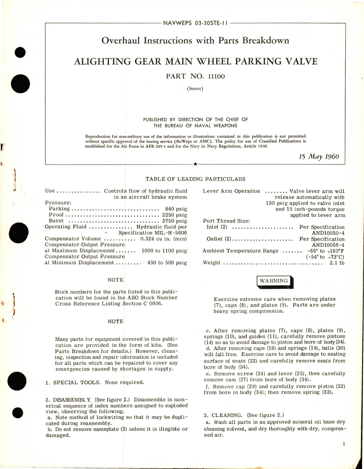 Sample page 1 from AirCorps Library document: Overhaul Instructions with Parts Breakdown for Alighting Gear Main Wheel Parking Valve - Part 11100