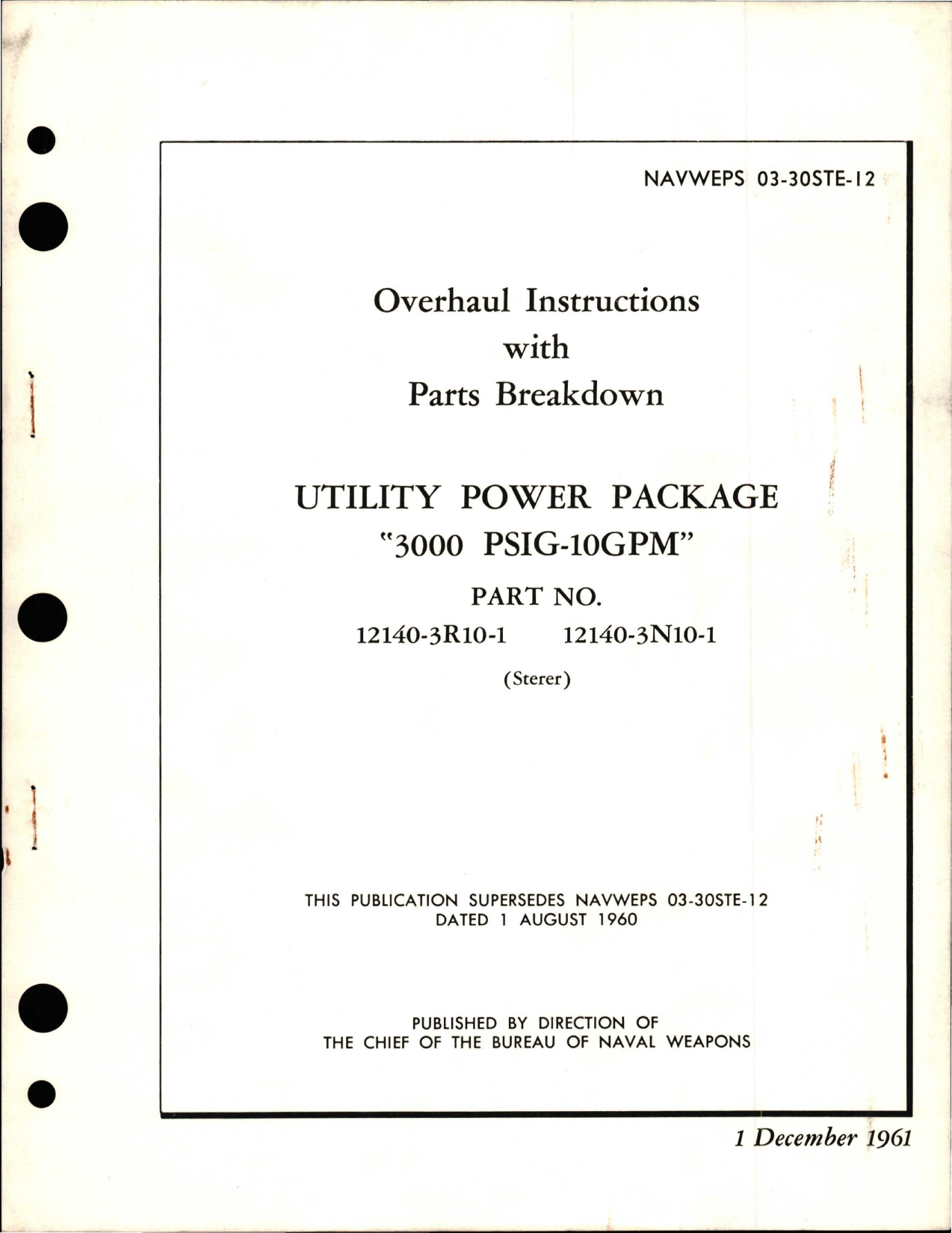 Sample page 1 from AirCorps Library document: Overhaul Instructions with Parts Breakdown for Utility Power Package - 3000 PSIG-10GPM - Part 12140-3R10-1 and 12140-3N10-1 
