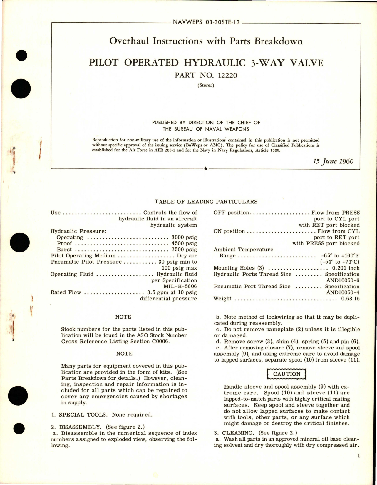 Sample page 1 from AirCorps Library document: Overhaul Instructions with Parts Breakdown for Pilot Operated Hydraulic 3-Way Valve - Part 12220