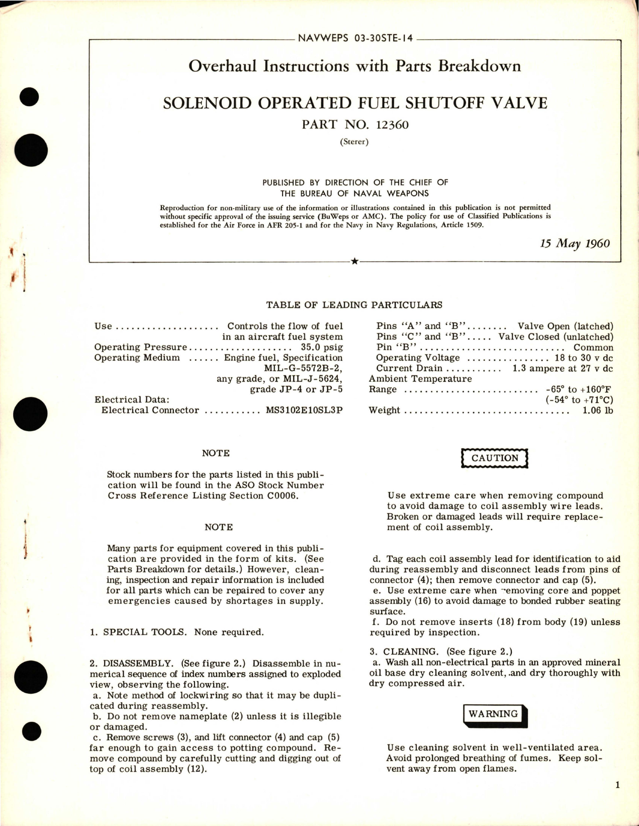 Sample page 1 from AirCorps Library document: Overhaul Instructions with Parts Breakdown for Solenoid Operated Fuel Shutoff Valve - Part 12360