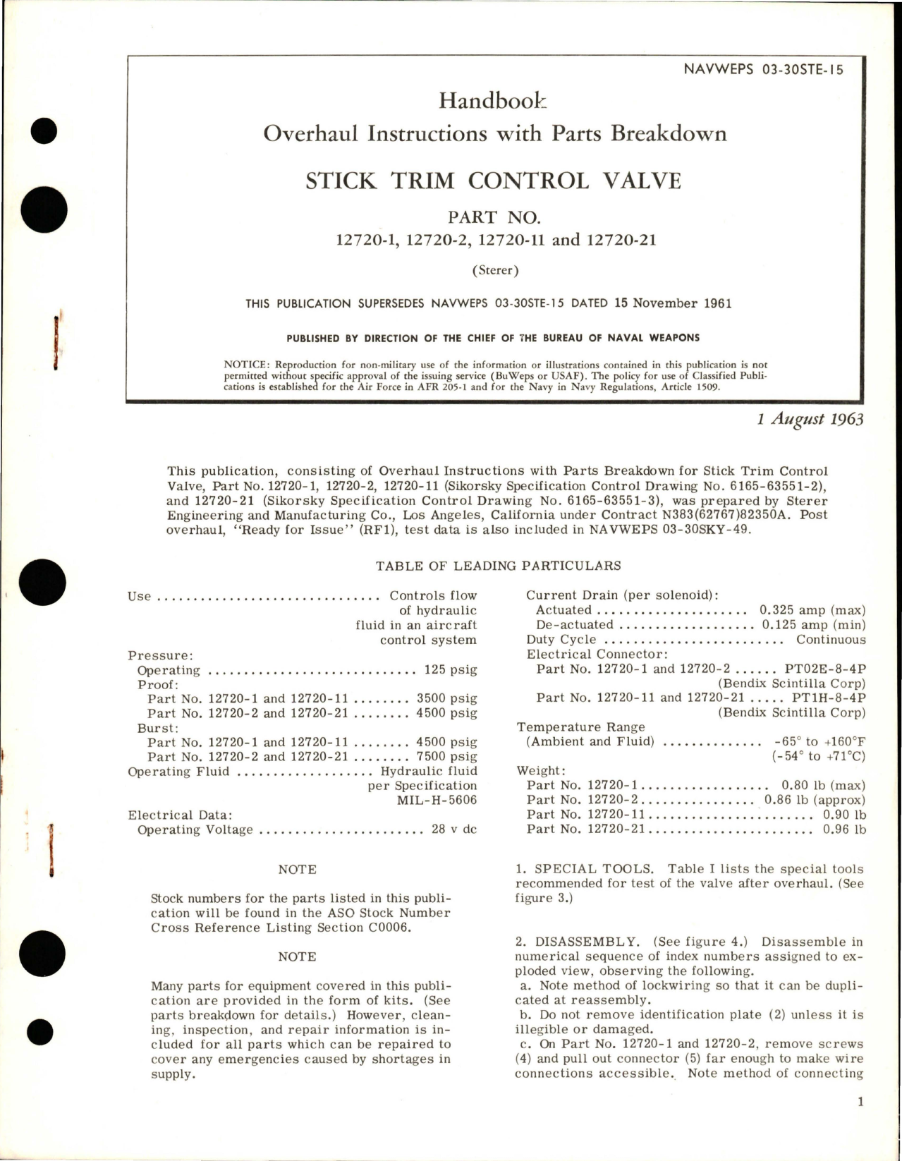 Sample page 1 from AirCorps Library document: Overhaul Instructions with Parts Breakdown for Stick Trim Control Valve - Part 12720-1, 12720-2, 12720-11, and 12720-21