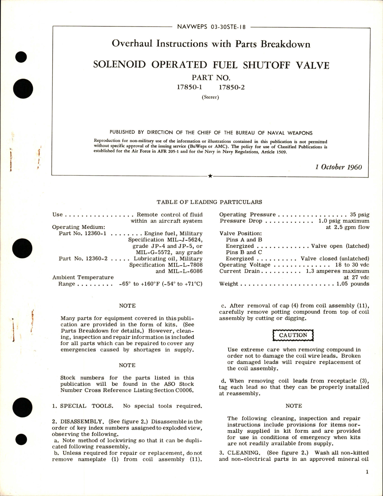Sample page 1 from AirCorps Library document: Overhaul Instructions with Parts Breakdown for Solenoid Operated Fuel Shutoff Valve - Part 17850-1 and 17850-2