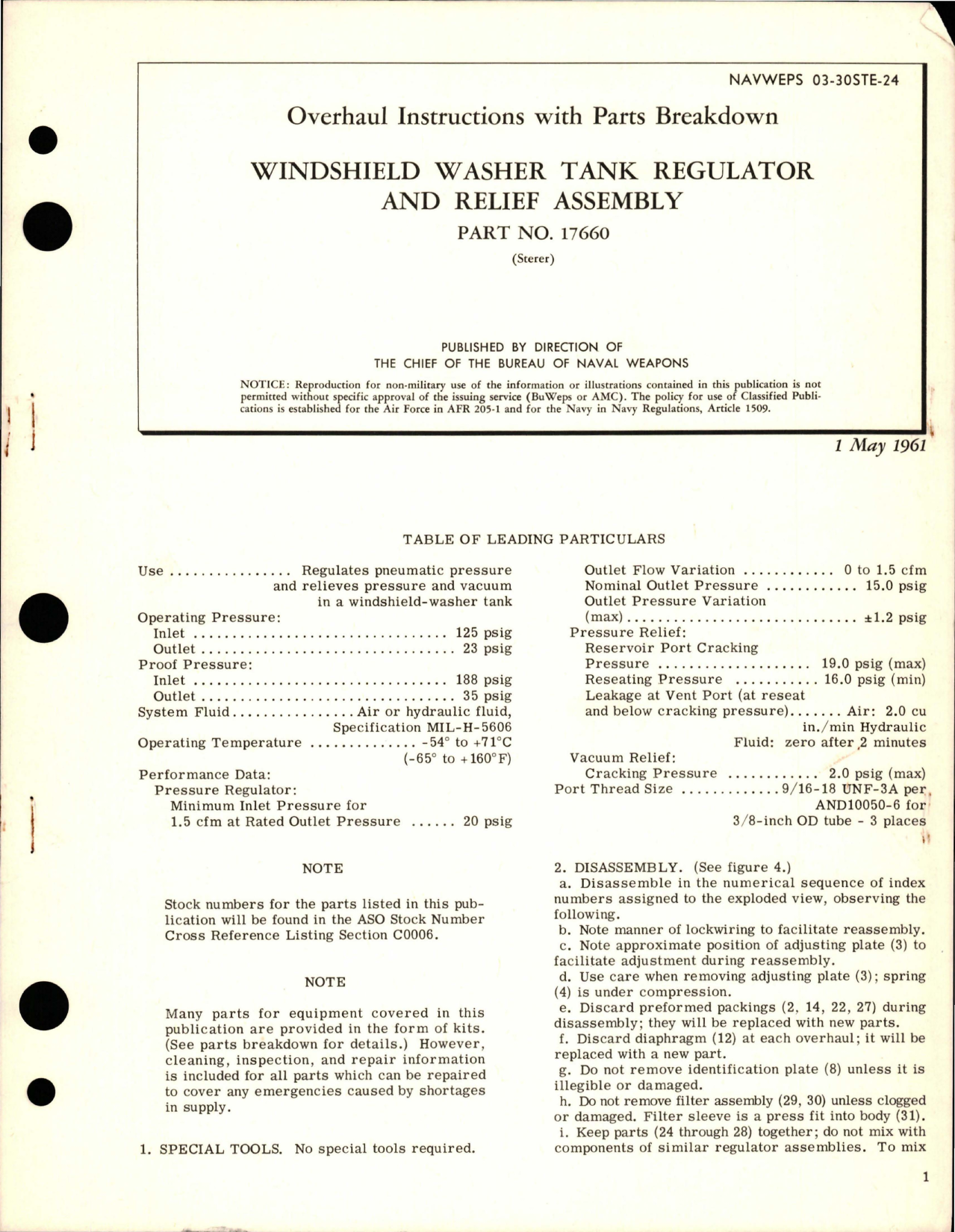 Sample page 1 from AirCorps Library document: Overhaul Instructions with Parts Breakdown for Windshield Washer Tank Regulator and Relief Assembly - Part 17660