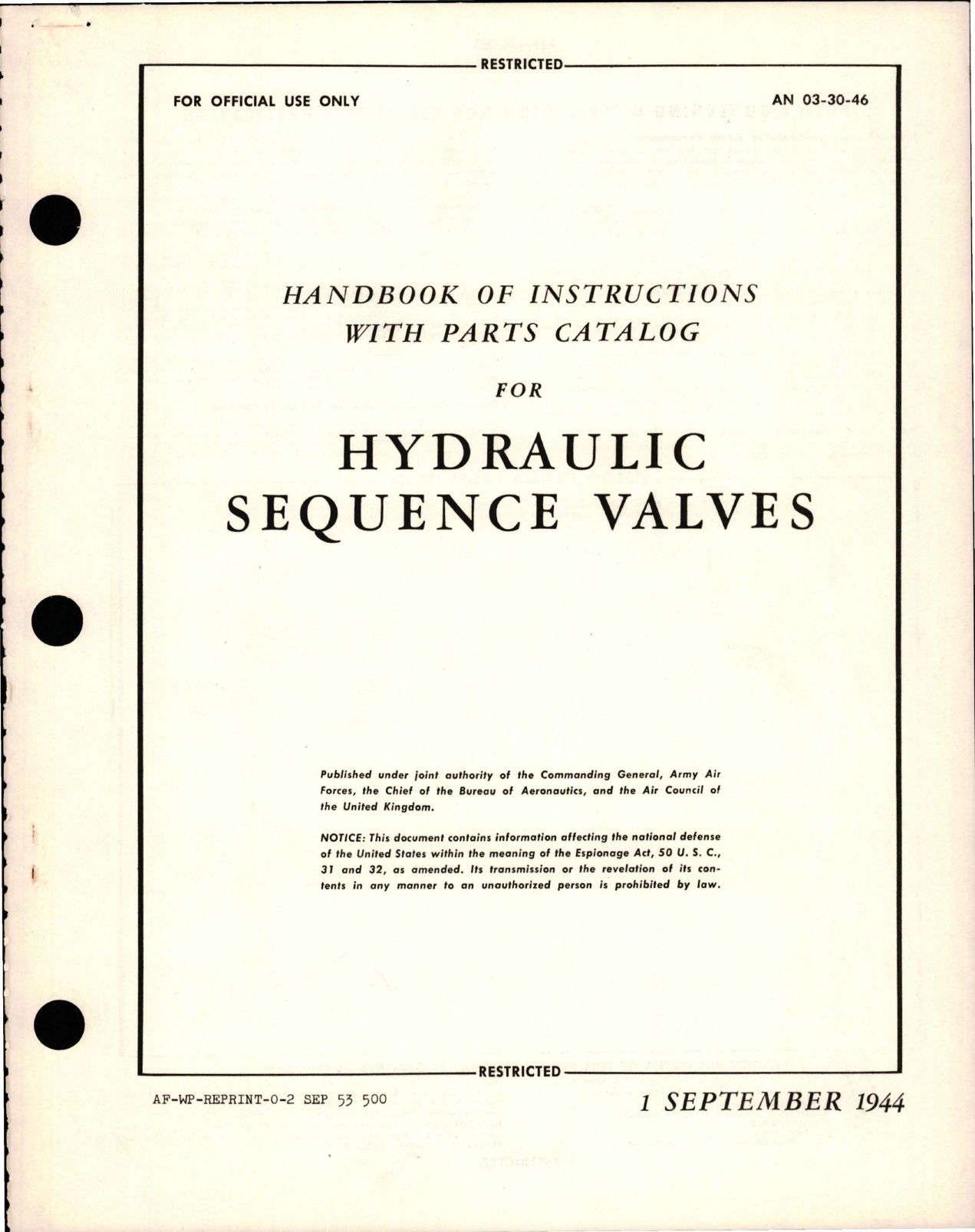 Sample page 1 from AirCorps Library document: Instructions with Parts Catalog for Hydraulic Sequence Valves
