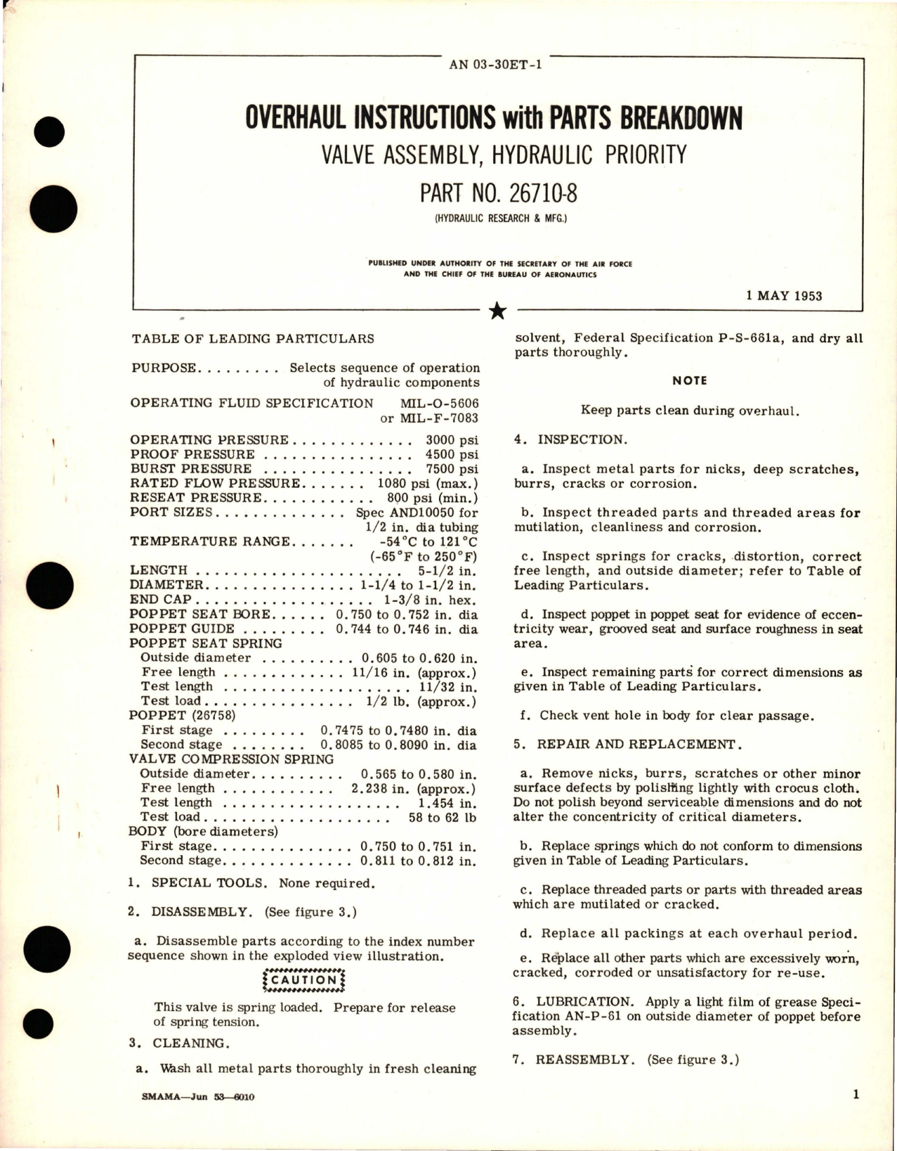 Sample page 1 from AirCorps Library document: Overhaul Instructions with Parts Breakdown for Hydraulic Priority Valve Assembly - Part 26710-8