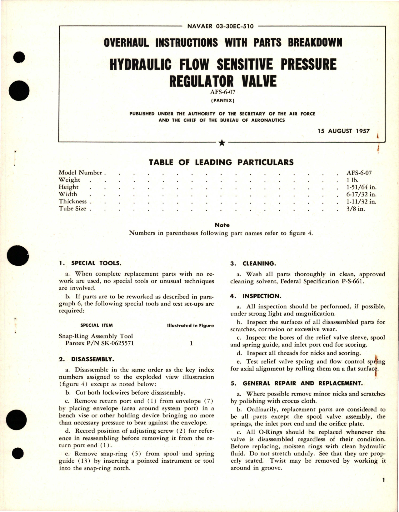 Sample page 1 from AirCorps Library document: Overhaul Instructions with Parts Breakdown for Hydraulic Flow Sensitive Pressure Regulator Valve - AFS-6-07