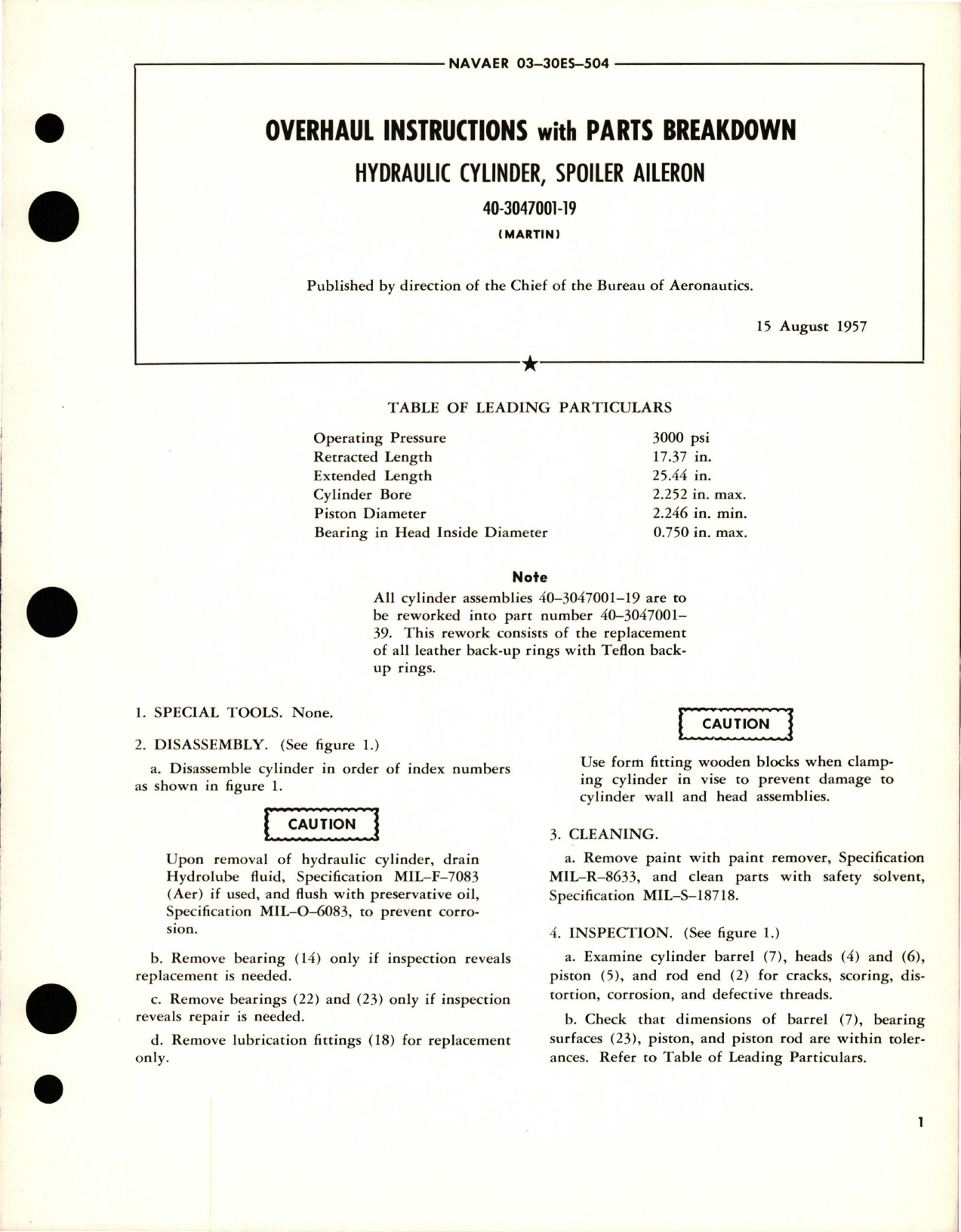 Sample page 1 from AirCorps Library document: Overhaul Instructions with Parts Breakdown for Spoiler Aileron Hydraulic Cylinder - 40-3047001-19