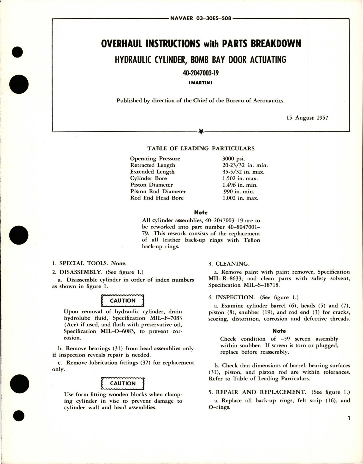 Sample page 1 from AirCorps Library document: Overhaul Instructions with Parts Breakdown for Bomb Bay Door Actuating Hydraulic Cylinder - 40-2047003-19