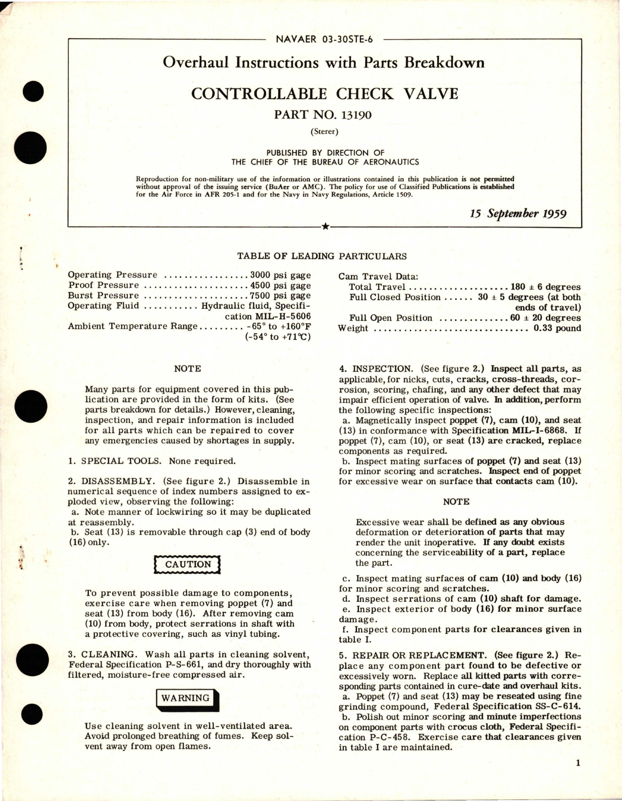 Sample page 1 from AirCorps Library document: Overhaul Instructions with Parts Breakdown for Controllable Check Valve - Part 13190