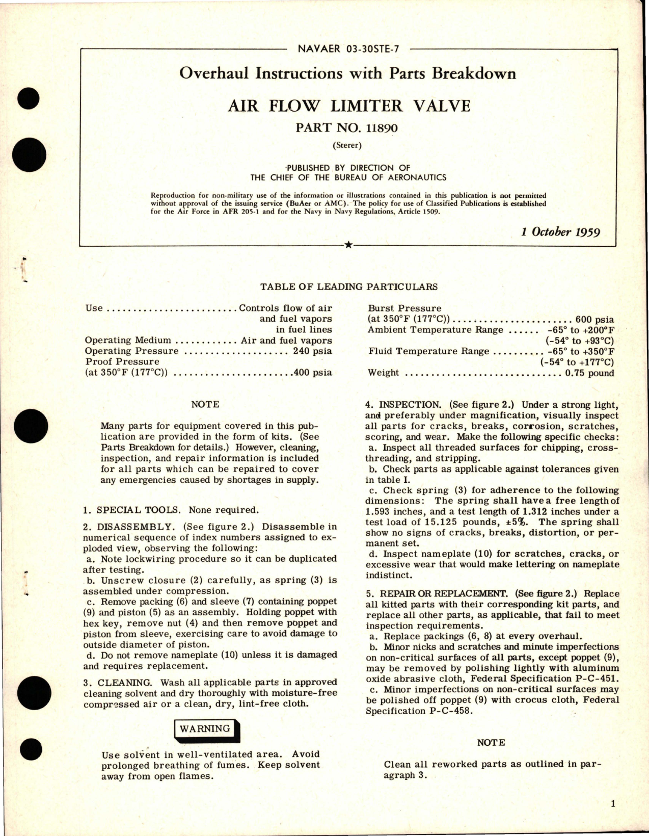 Sample page 1 from AirCorps Library document: Overhaul Instructions with Parts Breakdown for Air Flow Limiter Valve - Part 11890
